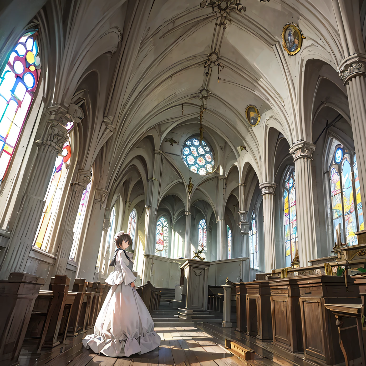 London style,Spiders and cobwebs are tangled, cinematic, extremely detailed cg, detailed texture, crowded church, gothic candles, candlelit, back to camera, girl, standing, catgirl, white cat ears, white cat tail, real tail --auto