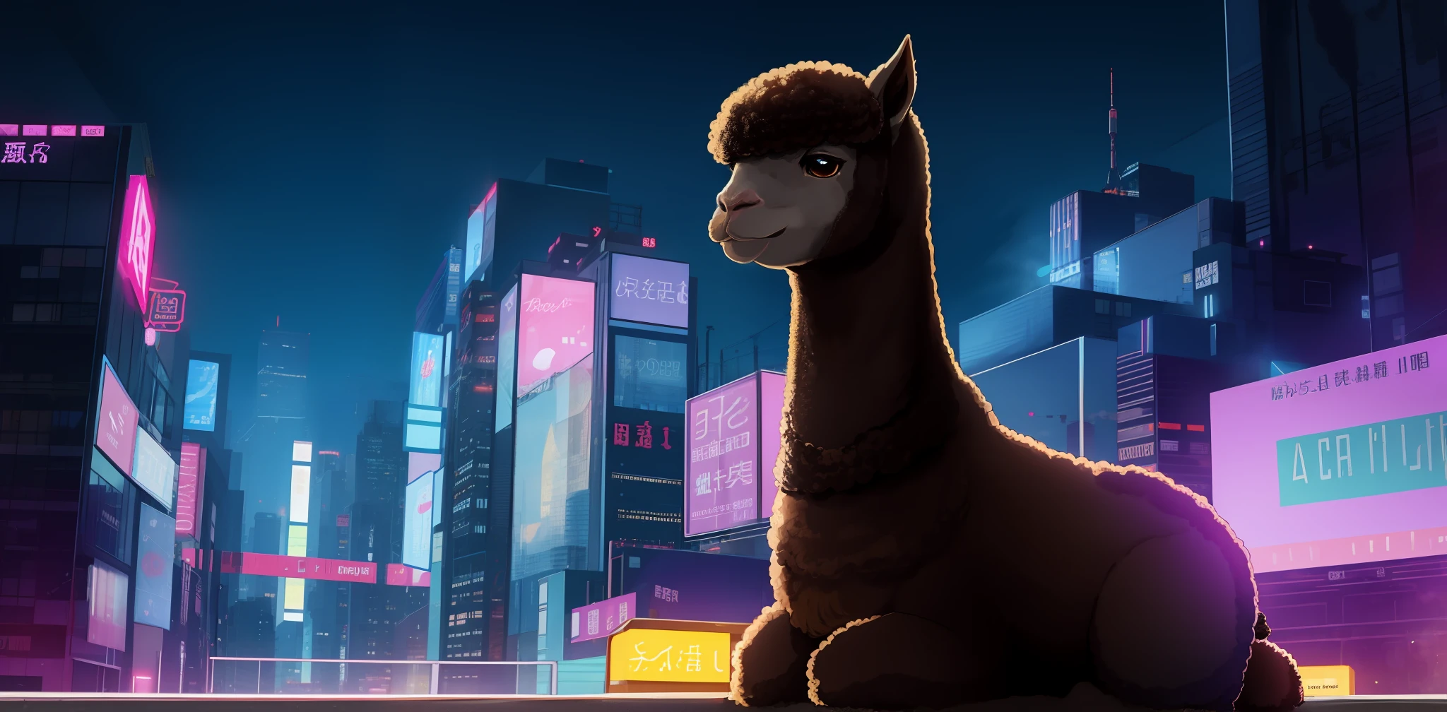 城市,the night,Realistic alpacas,cyber punk perssonage,laser eyes,nighttime scene,High-rise buildings,Cool alpaca,Alpacas should be bright,The main colors are pink and light blue,