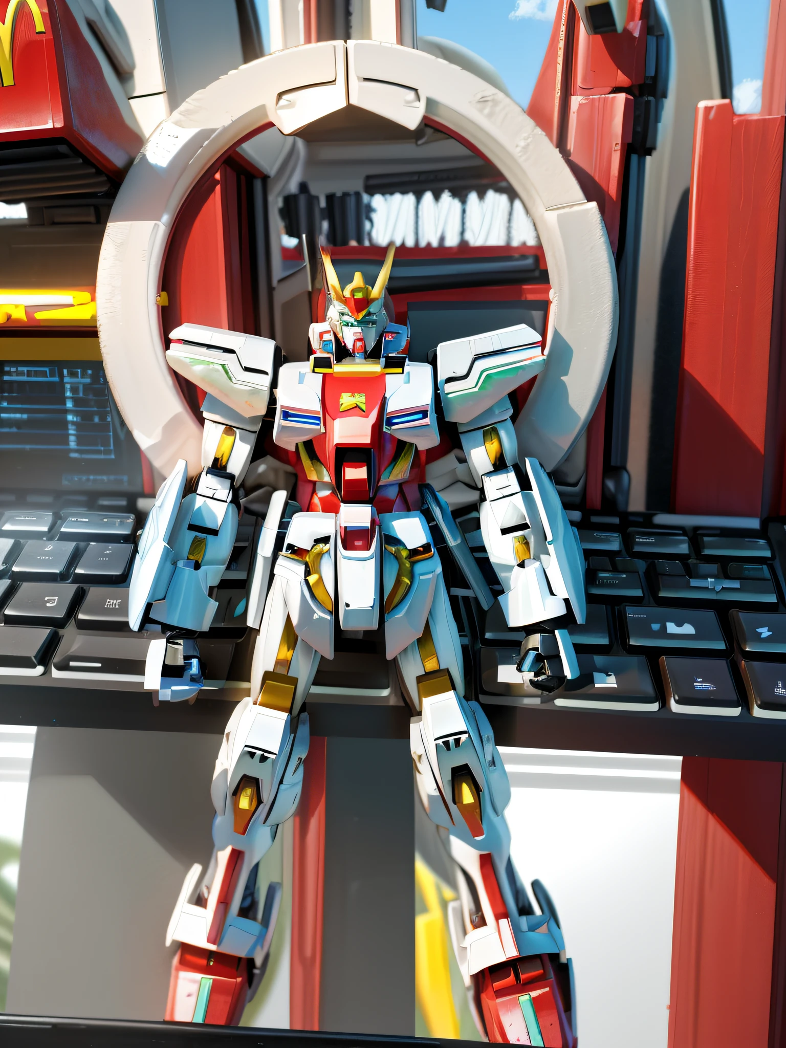 Close up of toy robot on laptop keyboard, GUNPLA,mechs, droid, barbatos mobile suit,battroid mode,Mobile Suit, cool mecha style,white color mecha,robotech styling,Anime robot mixed organic,#mechs, McDonald's Gundam,Gundam armor full of power。