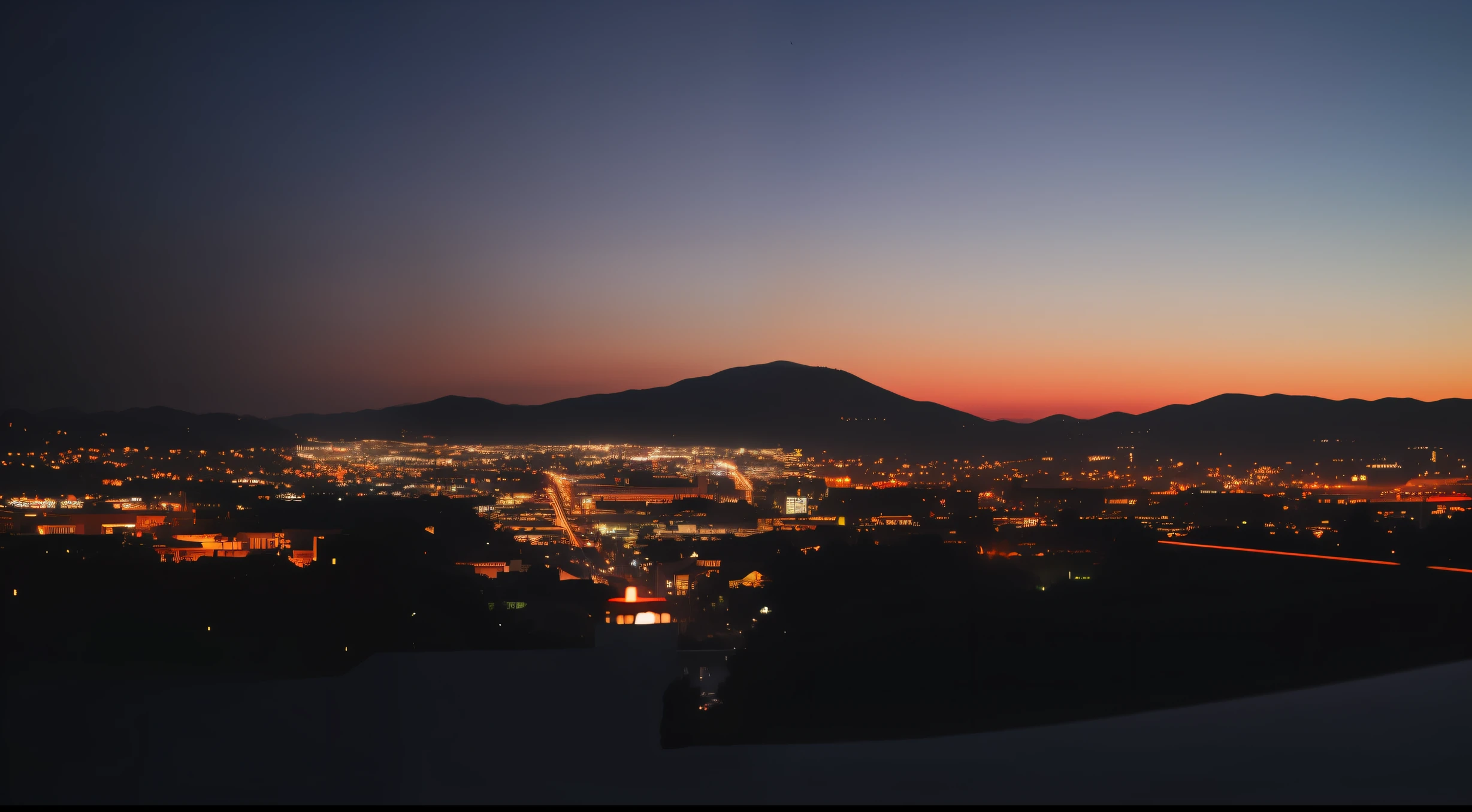 arafed view of a city at night with a mountain in the background, city twilight landscape, scenic view at night, vista of a city at sunset, city sunset night, twilight ; wide shot, photography shot at blue hour, night view, twilight city on the background, night scenery, ethereal starlit city at sunset, night city in the background