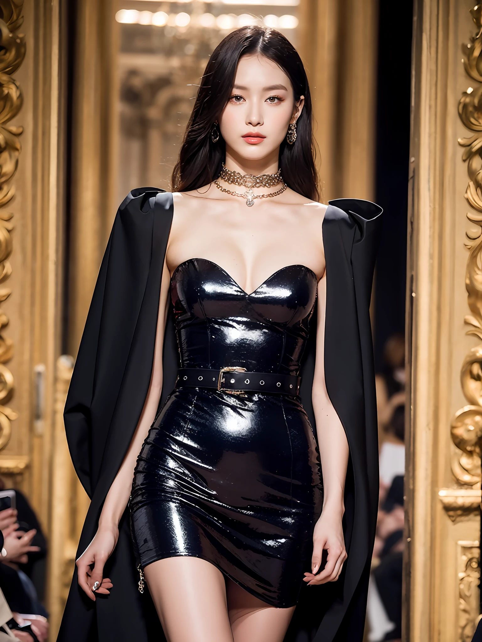 A 30-year-old mature European woman dressed in YSL haute couture style walks the runway,waist chains,Skirt that wraps hips,Baroque ornaments,Fashionab,Powerful,female power,Highly fine skin and body,Shawl black long curly hair