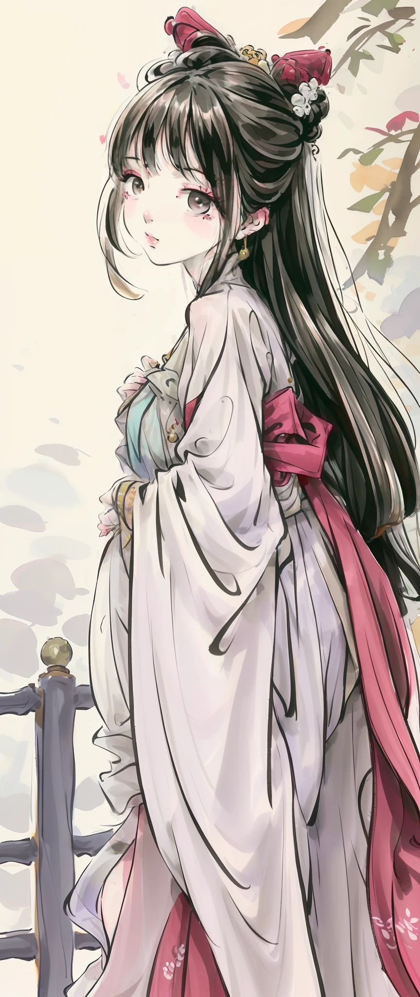 (masterpiece), best quality, good anatomy, shuimobysim, (1 girl: 1), (upper body), (smile), short hair: 1.2, (hanfu), long coat, (ecchi0.5), (bridge: 1.2), (flowers: 0.6), moon, lantern in ancient China, delicate face, see-through, pink clothes, full body, close-up, back hand, robe, thigh, high up, cloudy, chinadre, overexposed, [wet suit: 1.2], mid-breast, solo, [doll], bare thighs, credibly_absurdres, strong angles, pleated skirt, chinoiserie architecture, single bun, white hair, red eyes, squinted eyes, indifferent attitude, eye shadow, eyeliner, eyes visible through hair, no shoes, ribbon sleeves, earrings, necklaces, tiara, mid-chest, sunlight, reflected light, ray tracing, loli, phoenix crown vermilion robe, blush