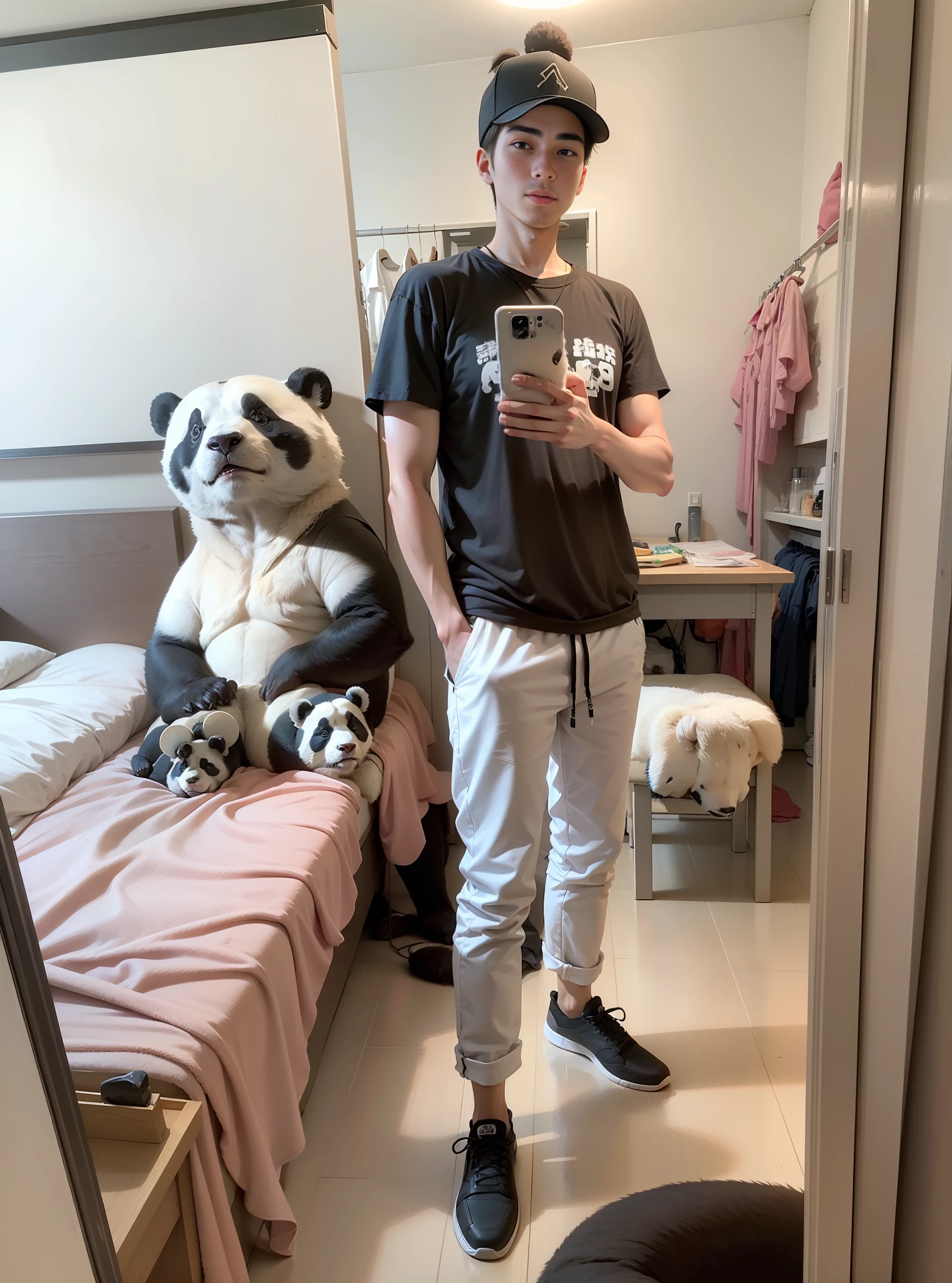 Young guy. He is 30 years old. Behind him lies a live panda.