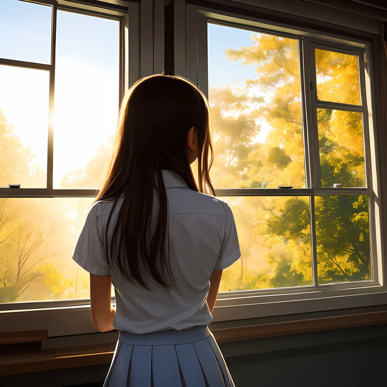 The back of a young girl,in school uniform,She faced the window,Sunlight pours in from outside,The girl's body was plated with a layer of golden light,She looked up at the sky。 --auto
