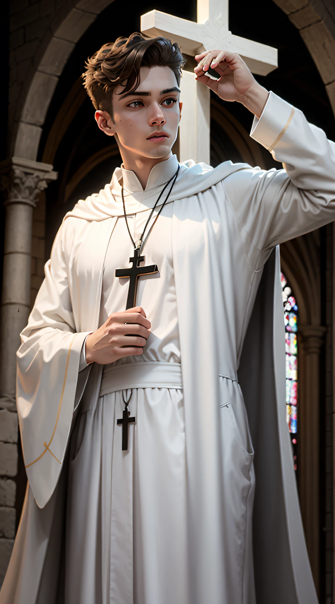 A white-robed young man wearing a self-illuminating cross，Holy，Hyper-realistic --auto