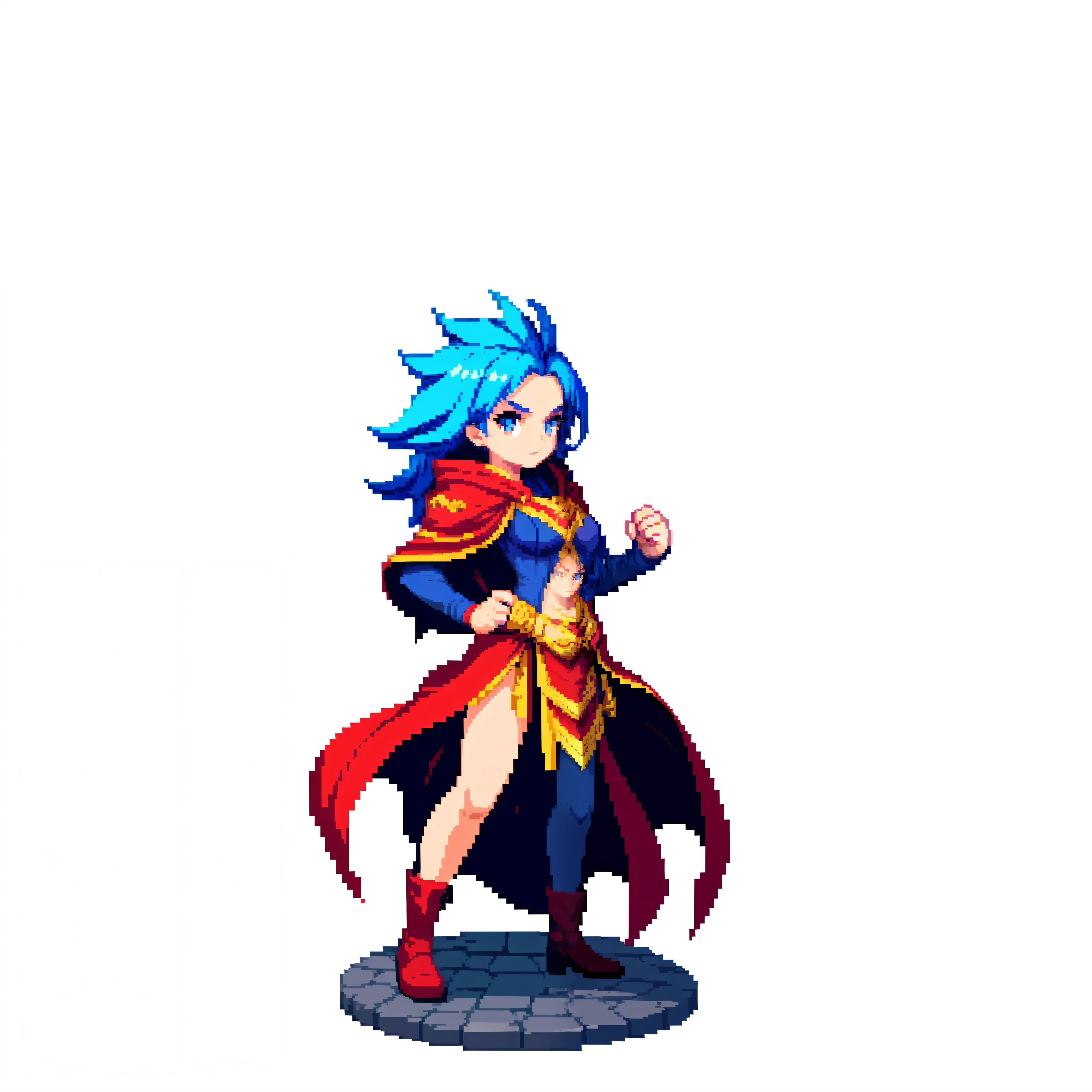 (masterpiece, top quality, best quality), pixel,pixel art,(1girl),full body,white background, blue hair, red cape, dynamic pose, holding knuckle,