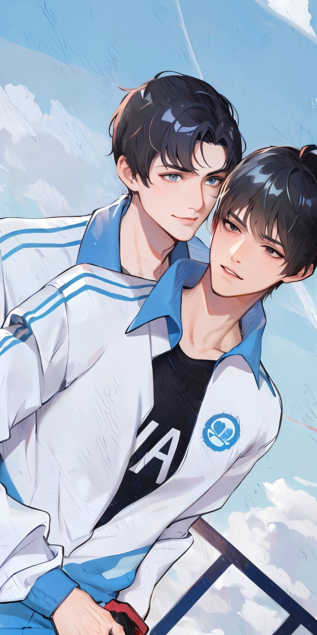 Anime couple in white and blue tracksuits hugging on tennis court, two anime handsome men, High-quality fanart, In anime style, inspired by Kun Can, Inspired by Bian Shoumin, in an anime style, inspired by Ma Yuanyu, official fanart, An anime cover, wearing track and field suit, highly detailed exquisite fanart