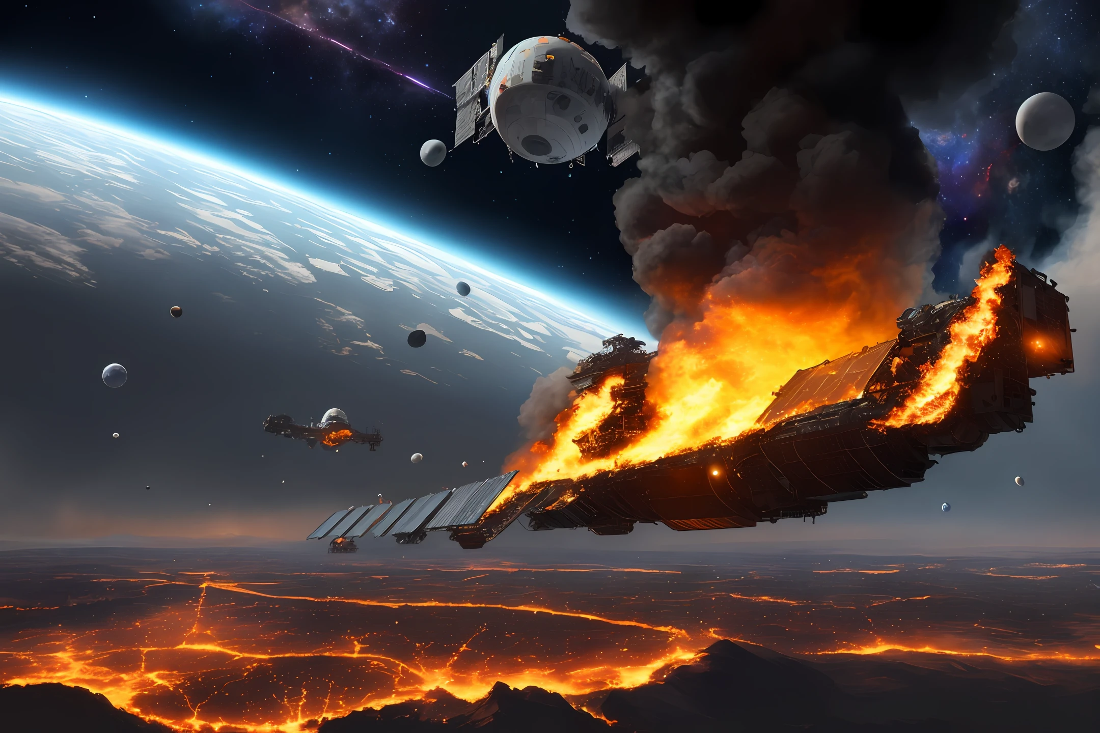 Located close to space, a huge space station falling from above, bubbling with fire accompanied by smoke, apocalyptic background, 4K very detailed riser