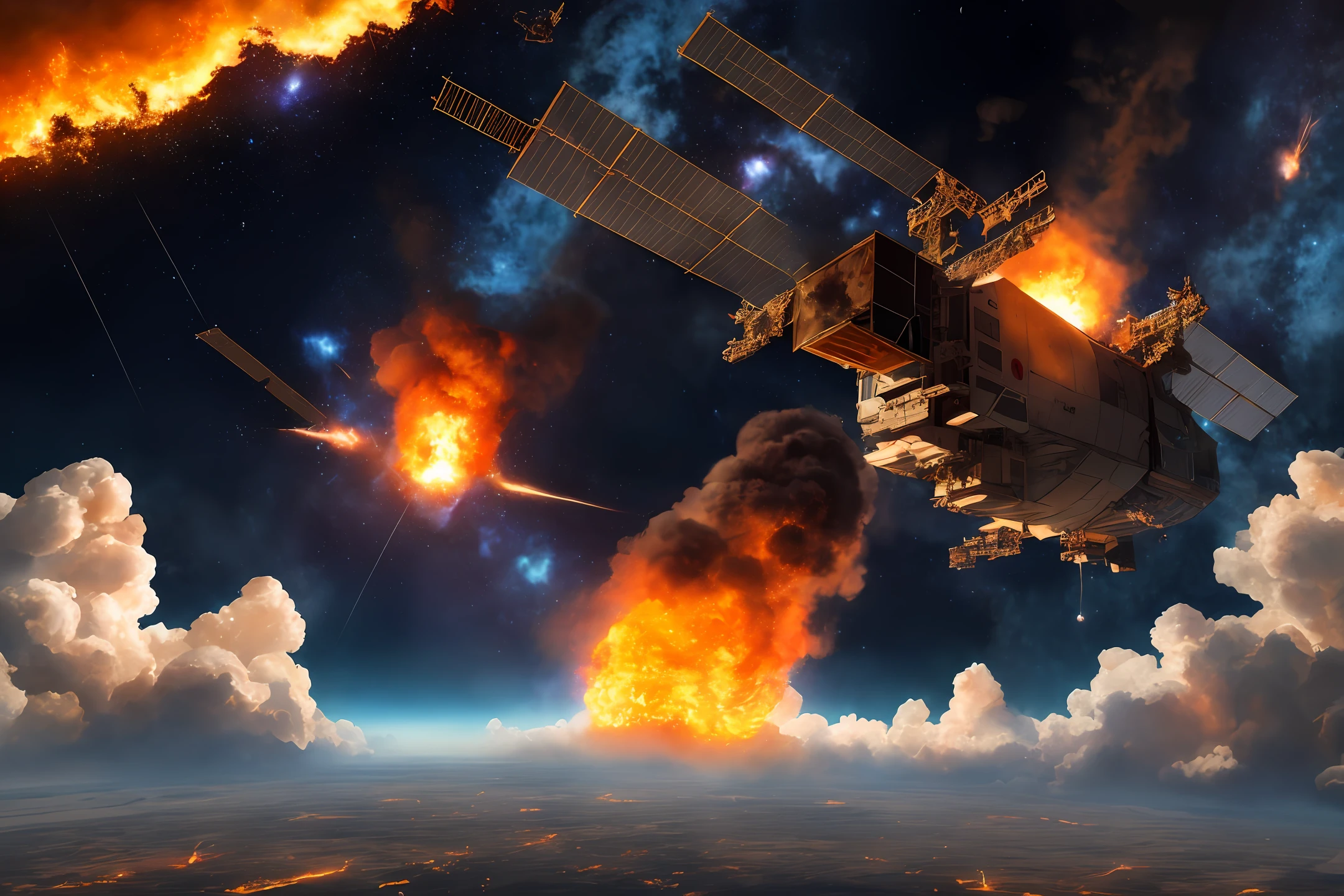Located close to space, a huge space station falling from above, bubbling with fire accompanied by smoke, apocalyptic background, 4K very detailed riser
