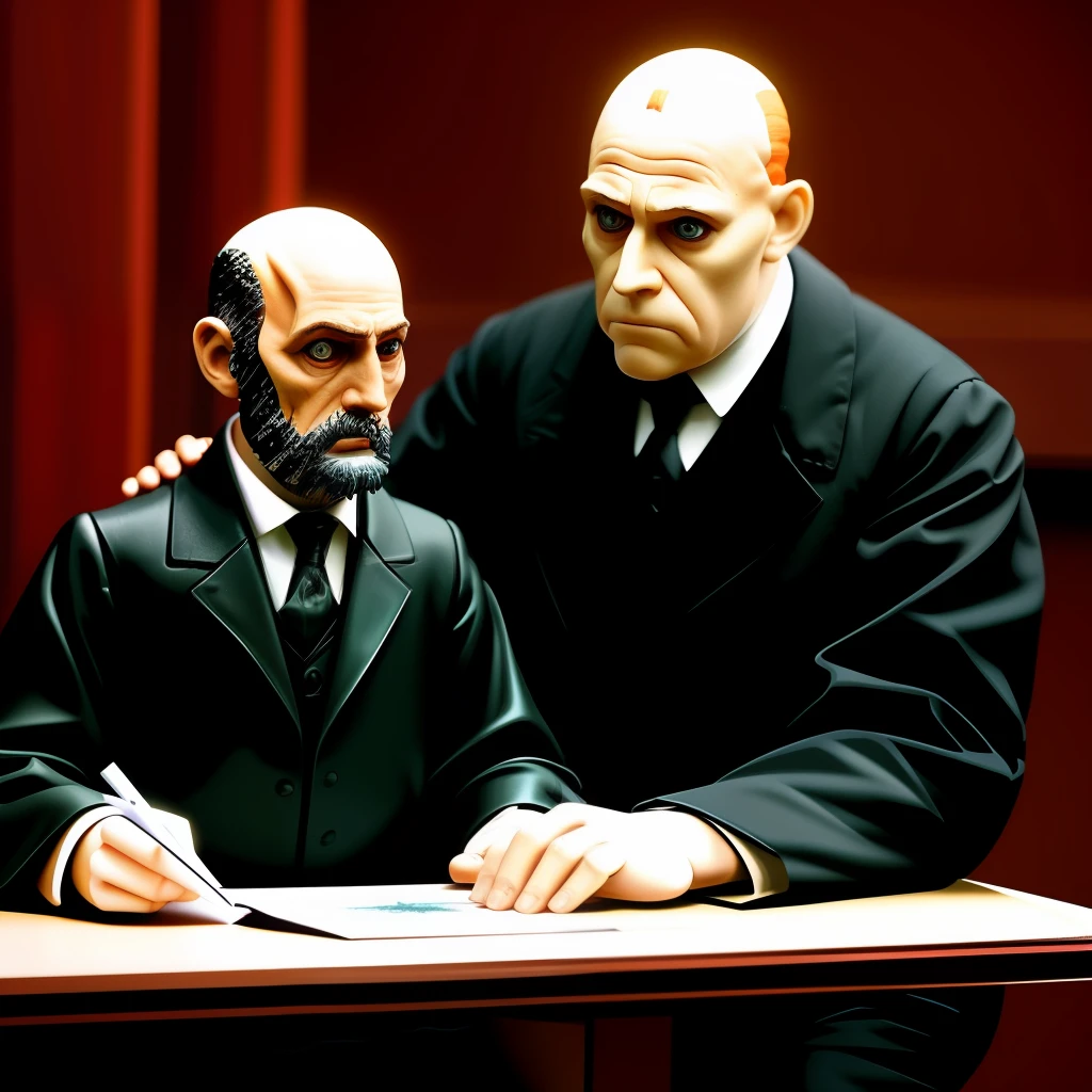 Brahms, the evil toy, photorealistic, intricate, very detailed, puppet being manipulated by a nefarious and demonic bald judge