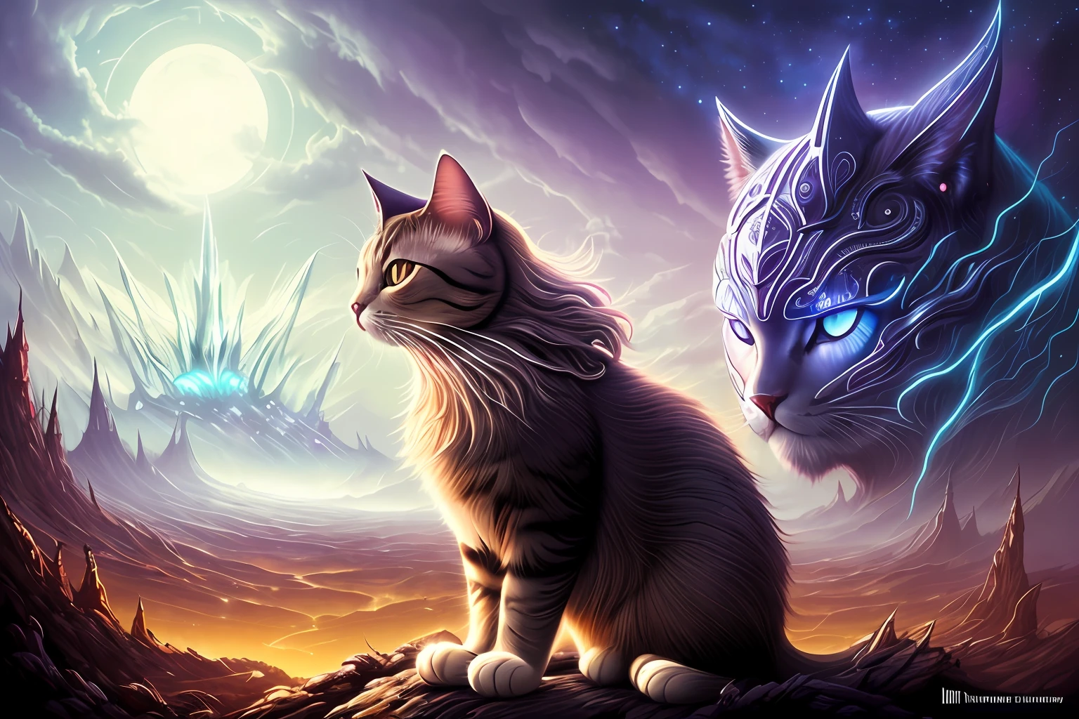 Galactic cat with lots of hair on its head, third eye, staring at something far away, intricate details, electric, fantasy art, Anato Finnstark, latex painting, very detailed, misty rutkowski, HDR, ultra-detailed, edge light, faded, dull