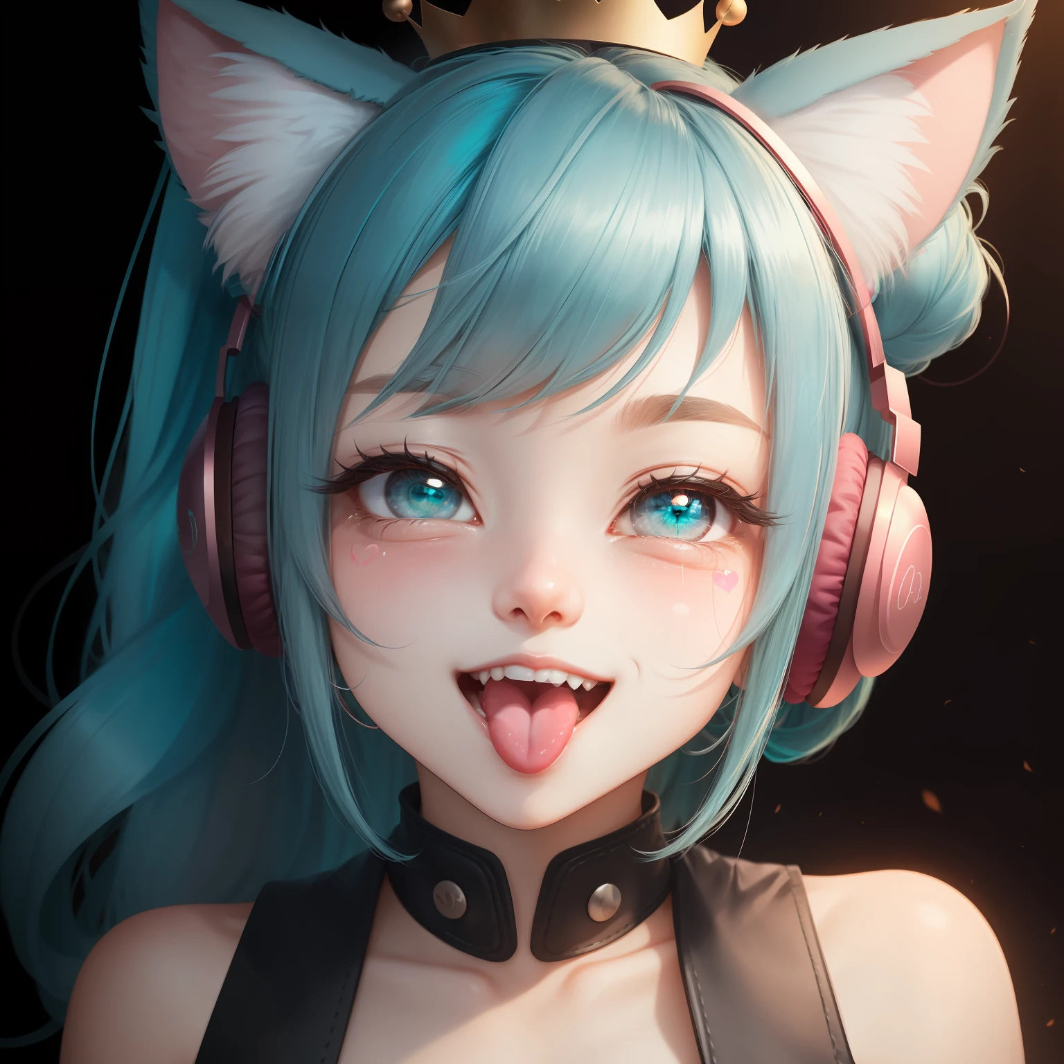 hair bobbles, wince, longeyelashes, solid circle eyes, fake animal ears, light smile, ear blush, fang, crossed bangs, hair bun, ponytail, big hair, crown, antlers, headphones, elbow pads, skull hair ornament, heart-shaped pupils, mismatched sclera, aqua eyes, eyeball, cat ears, open mouth, shy, blush, drunk, fingersmile, tongue out, tearing up, seductive smile, full blush, heart in eye, Surrealism, drop shadow, anaglyph, stereogram, tachi-e, pov, atmospheric perspective, 8k, super detail, ccurate, best quality, textured skin, anatomically correct, UHD --auto