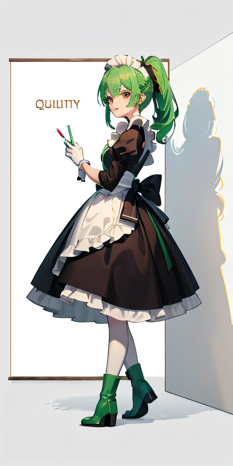 (high qulity), poster for,Painting style: Anime,(Green-haired girl+the maid outfit:1.3+red - eyed:1.1),White gloves,green boots,Beautiful look,High ponytail,Pure white stockings,Small mole spots on the right eye,ssmile