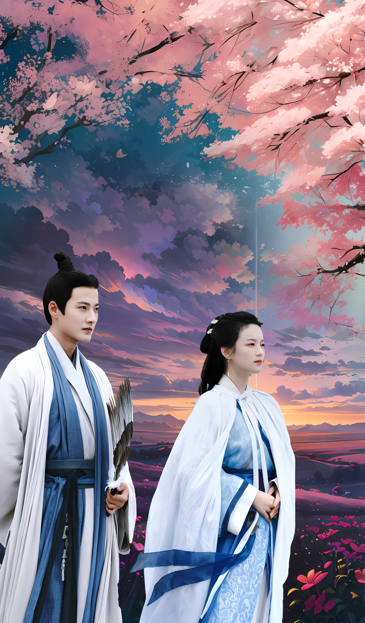 (Masterpiece), Best quality, Super delicate, Extremely detailed CG scene,White martial arts Hanfu,Mythical paradise（embedding）,Ruan Jia and Fenghua Zhong,xianxia fantasy,Two sisters with beautiful eyebrows,Under the trees,Flowing robes, Green jade decoration,Continuous pear blossoms,Antique historical drama,Light and shadow dance,Ink painting effect。