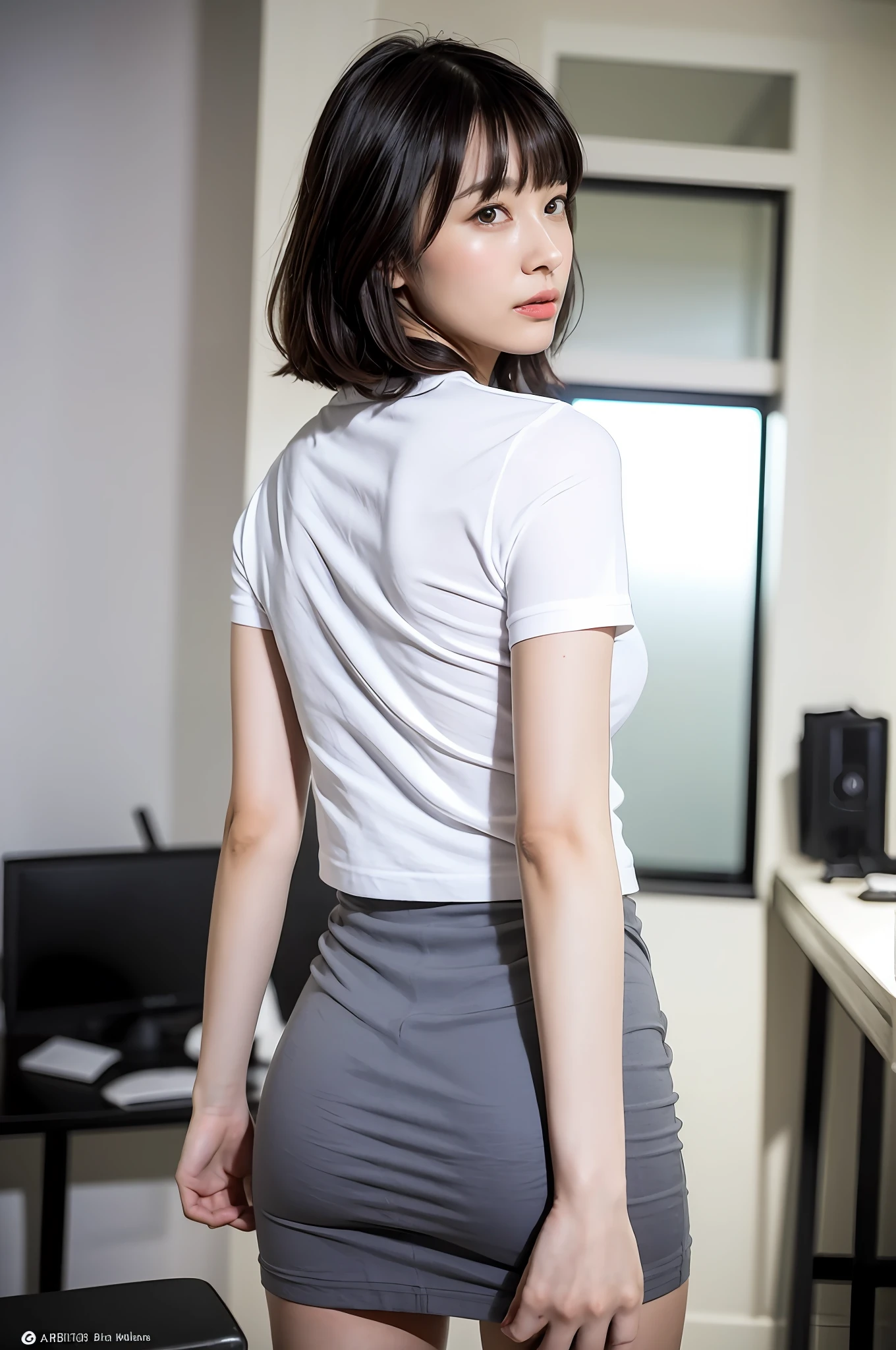 ((8K:1.27)、top-quality、​masterpiece、超A high resolution:1.2)photo beautiful Japanese woman(pleasing:1.1) (White polo shirt:1.21) Design by Gregg Lutkowski and Alphonse Mucha Intricate Elegance、Fantasia、the detail、Geometry、Gradient lighting、1girl in、Delicate skin、looking at the viewers、Brown-eyed、(short hair with bangs:1.2)、(Medium chest:1.0)、(medium areola:0.8)、(realisitic:1.4)、(top-quality:1.0)、(超A high resolution:1.0)、8K、Raw photography、(​masterpiece:0.2)、(pureerosface_v1:0.5)、 white  clothes、Dark gray tight skirt、stick out your big butt、Hands on the wall、facing back、Angle from behind、s Office、You can see the shape of the buttocks well、A sexy、