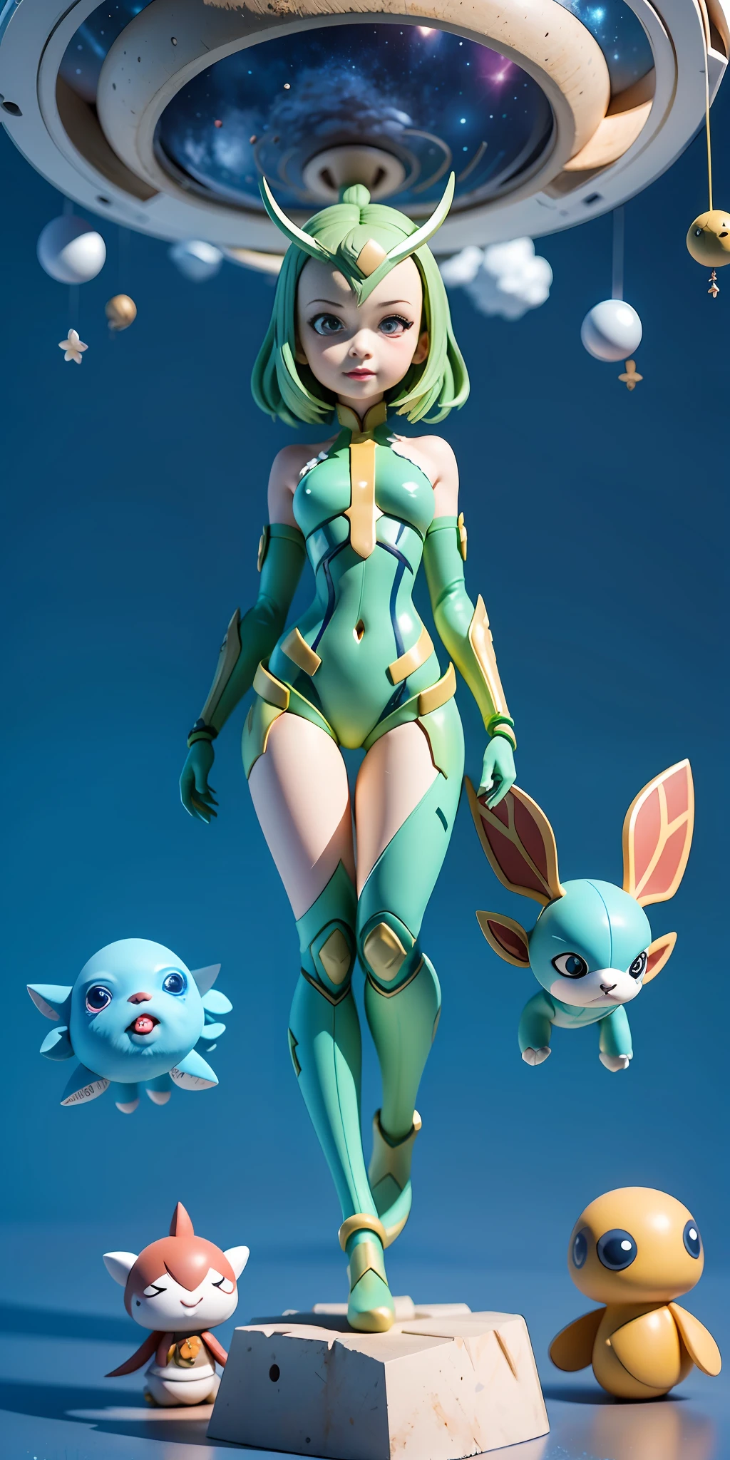 Ridiculous resolution, A high resolution, (巨作:1.4), ultra - detailed, Super cute girl full body 3D drawing,adolable,Poppy blind box,guardians of the galaxy,mantis, look from down, comical,the space, afloat,magia,earth in the sky,Blue Planet --v 6