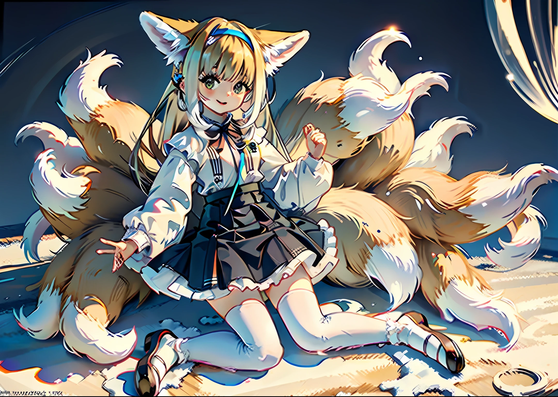 White hair，fox tails，fox ear，7 year old girl，Long hair，White stockings，By bangs，M-shaped hair，style of anime，short- sleeved，short  skirt，flatchest，Very cute girl