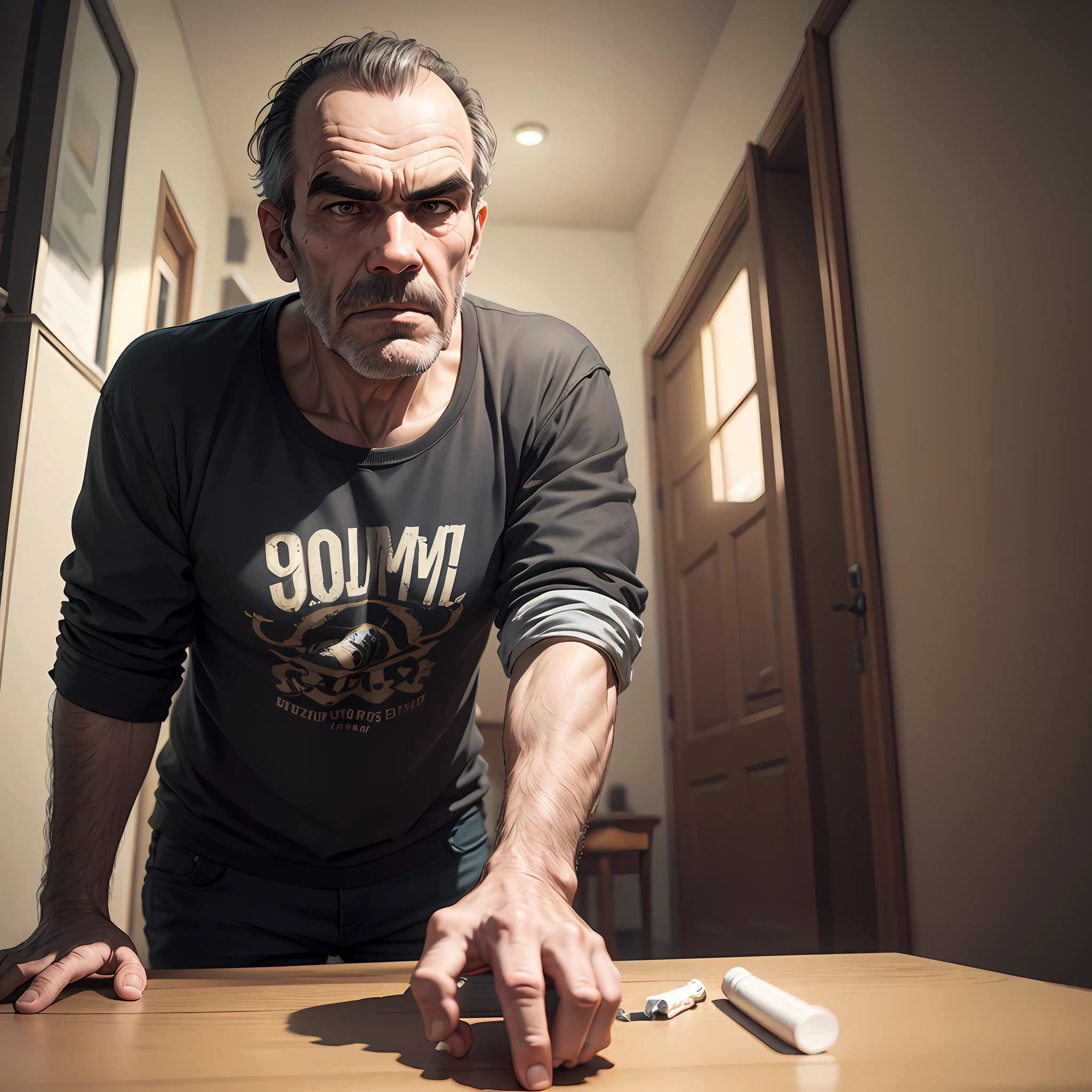 Ator Trevor Philips  90 anos, sentado na mesa da frente, arma no lado direito da mesa, do lado esquerdo dinheiro e drogas, fundos casa abandona zumbis tentando entrar na casa --realistc