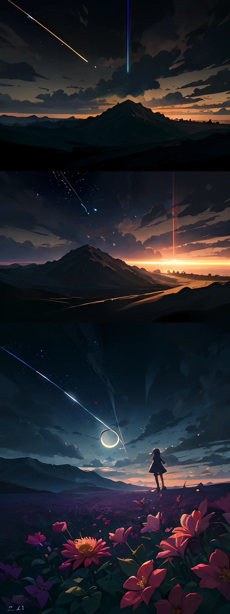 Expansive landscape photograph,(look from down,Sky and wilderness below),The little girl stood in the flower field and looked up,(solar eclipse:1.2),(meteors:0.9),(Starcloud:1.3),Far Mountain,Tree BREAK Production Art,(Warm light source:1.2),(glowworm:1.2),lamp lights,Purple and orange,Complicated details,Volumetriclighting,Realism rests(tmasterpiece:1.2)(best qualtiy), 4K,ultra-delicate,(Dynamic configuration:1.4),High level of detail and colorful details,(Irridescent color:1.2),(luminouslighting,Atmospheric lighting),dream magical,Magic,(独奏:1.2)