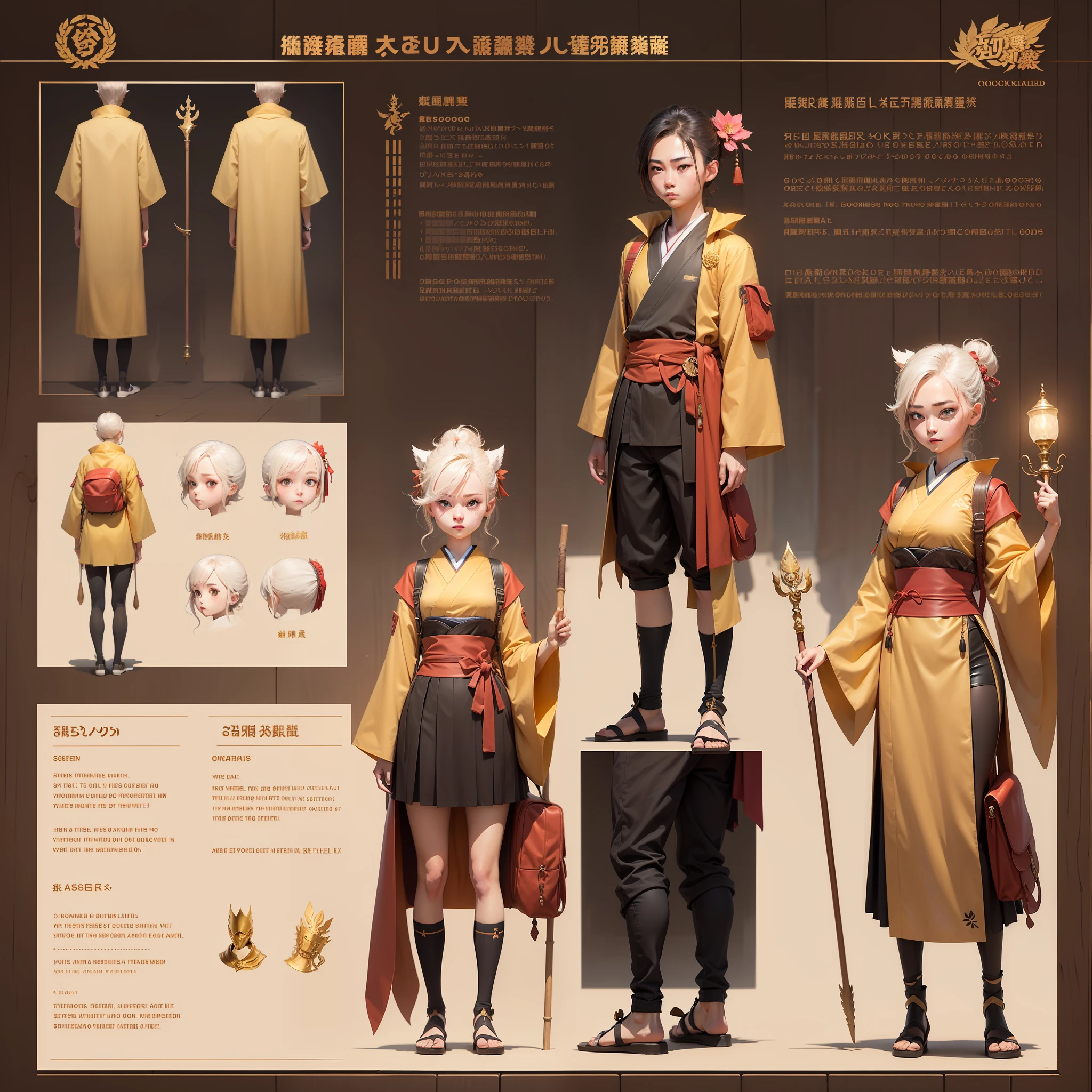 character design sheet,A girl dressed in Japanese clothing,Holding a golden staff in his hand,On his back is a backpack made of wood