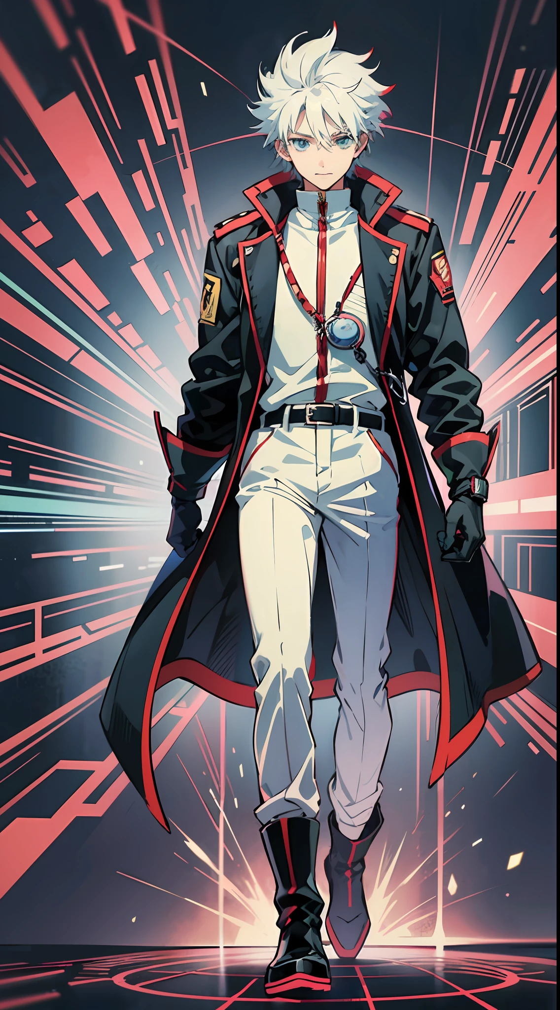 1 Male anime character, red hair, wearing high-tech black gloves, High-Tech, Heterochromia, Blue eyes, green eyes, handsome, sharp, psychopath smile, Senku Ishigami Hairstyle, wearing long white scientist coat, black high-tech suit inside, holding a mechanical high-tech crystal, high-tech background, red, black, circuit board, full body shot, black pants, dark High-tech boots, innocent looking, hologram background, JARVIS, anime 8k, HD, portrait, solo, bright crimson red, splash vfx, anime character with red hair and black gloves holding a cell phone, red haired, a red haired mad, red-haired, nagito komaeda, killua zoldyck black hair, badass anime 8 k, white haired deity, best anime 4k konachan wallpaper, killua zoldyck portrait, trigger anime artstyle --auto --s2