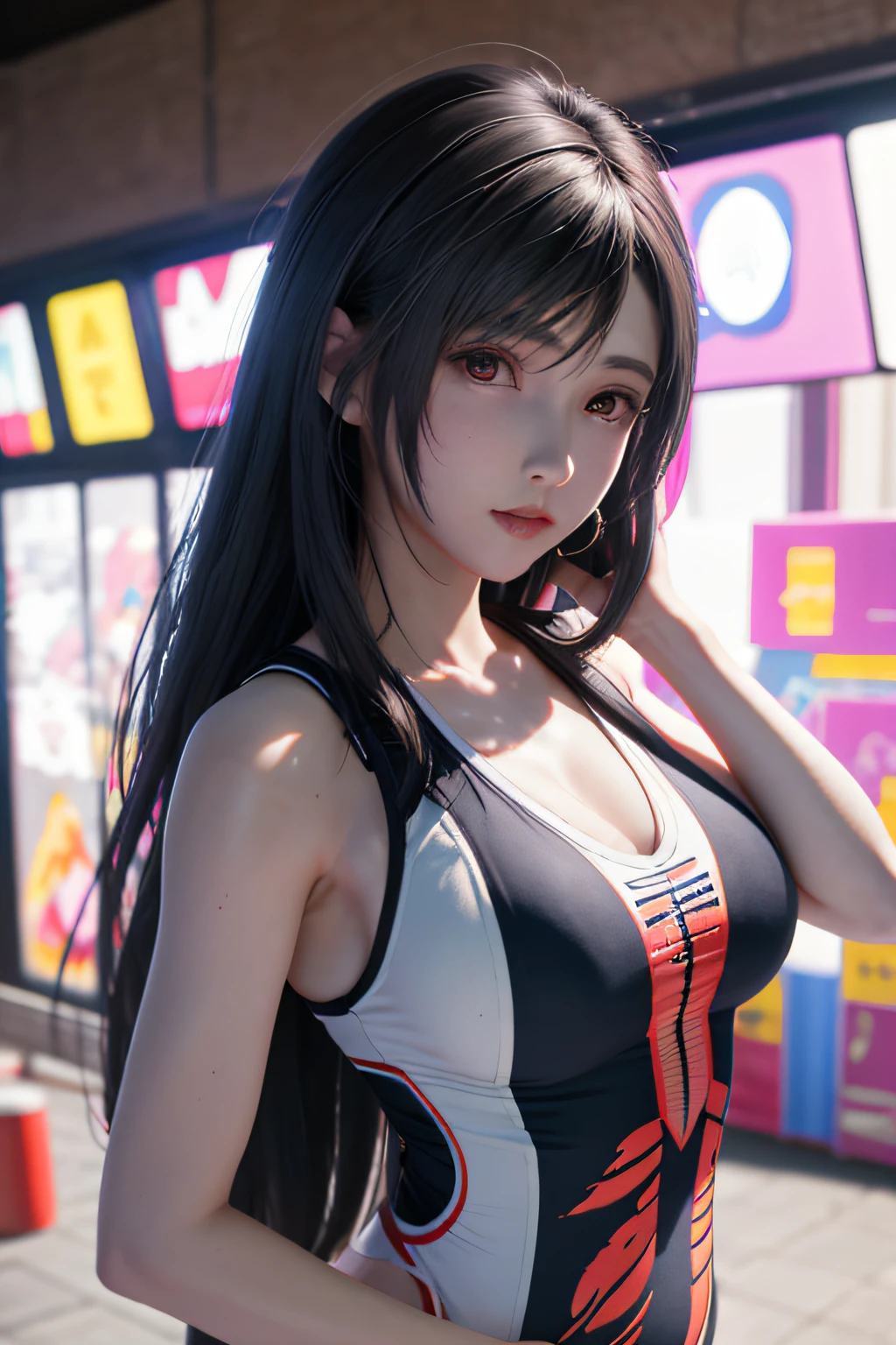 1 rapariga, (18 year old girl), (The upper part of the body),sandbeach,pool,Coconut Tree (gigantic cleavage breasts:1.3), The upper part of the body, (realisticlying:1.7), ((best qualtiy)), absurderes, (超高分辨率), (realisticlying:1.6), realisticlying, rendering by octane, (hyper realisitc:1.2), (photo-realistic face:1.2), (8K), (4K), (tmasterpiece), (realistic skin textures), (illustratio, cinmatic lighting,the wallpaper), (red eyes), (beautidful eyes:1.2), (((s the perfect face)))), (standing on your feet), (looking at viewert:1.2), (ssmile:1.3), (adolable), (long whitr hair), (one-piece race swimsuit),(((The color of the one-piece competition swimsuit is navy blue))),(Behind the arm:1.4),(Redlip:1.1),exteriors,
