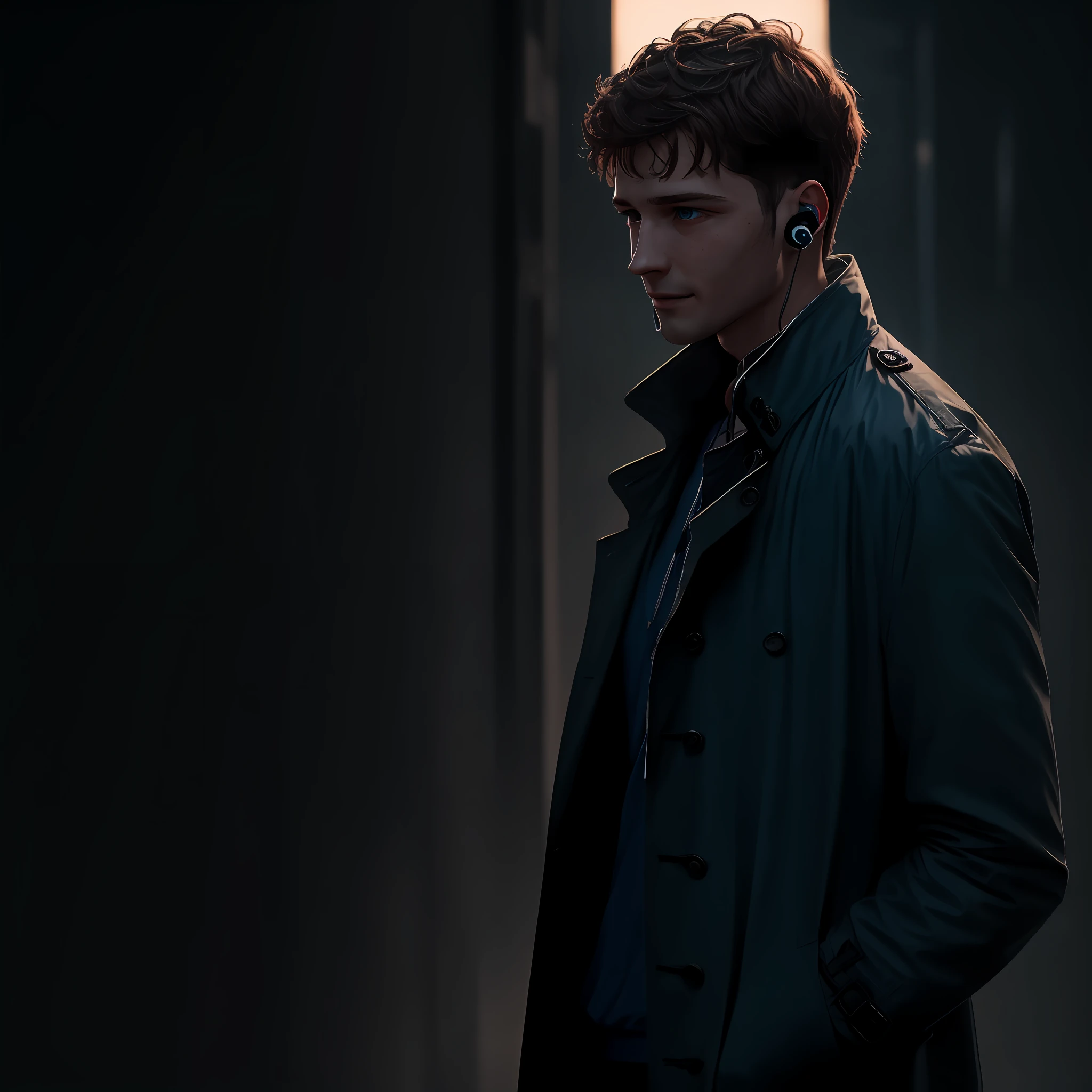 1 man，brunette color hair, blue color eyes，Earphone, Moles under eyes，long eyelasher, light laughter，Stand up，a black trench coat，Lonely,Chiaroscuro, 8K, Super detail --auto