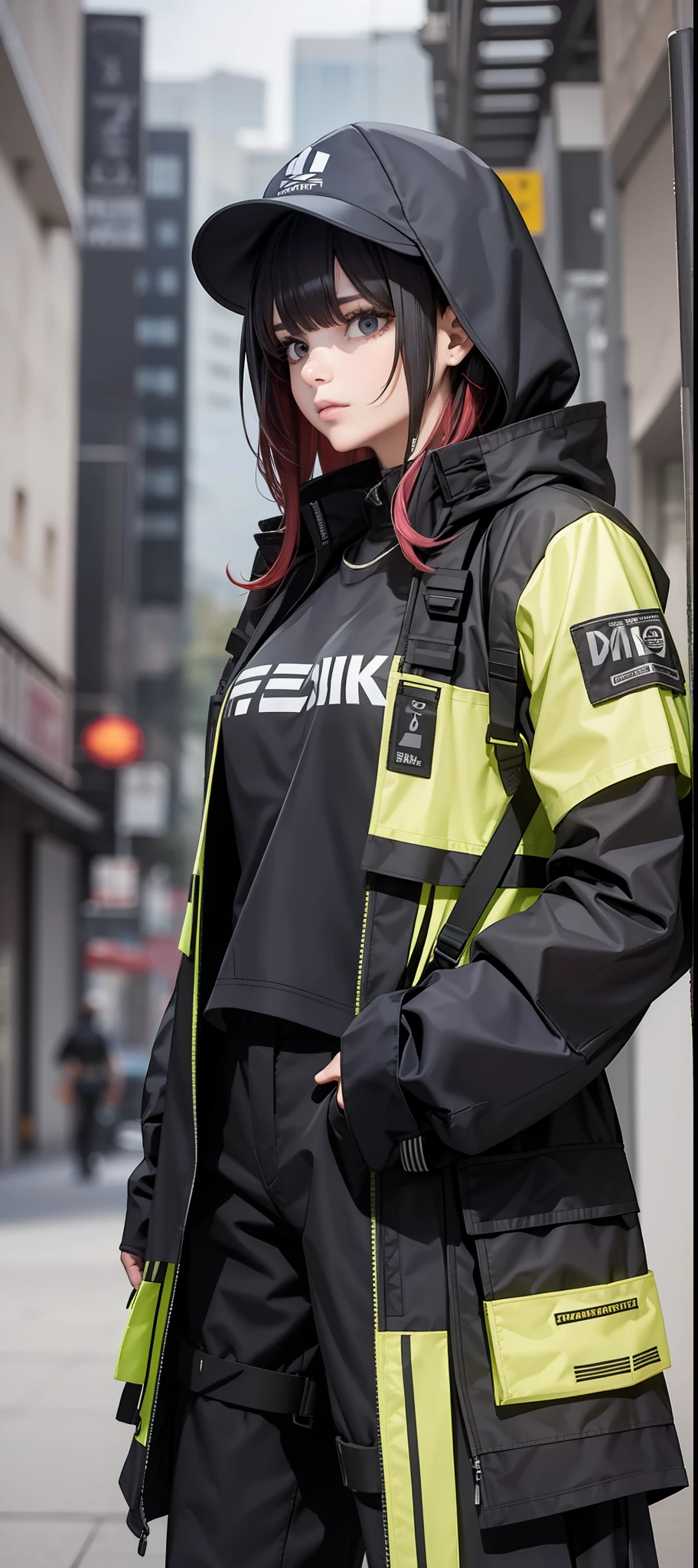 Menina,Techwear, corpo inteiro, ultra detalhado