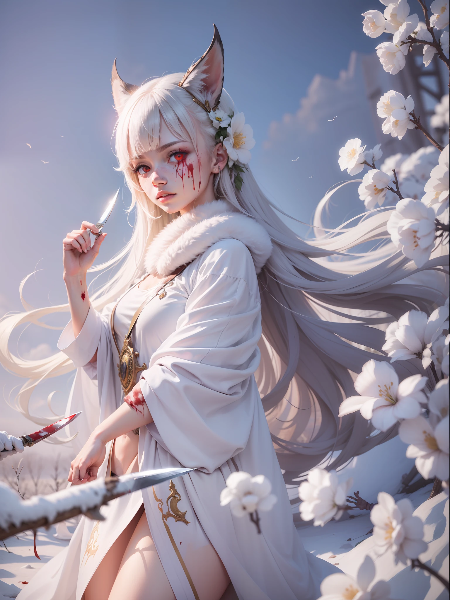 Full body photo, holding a blood-stained knife, red eyes, and blood stained on the body