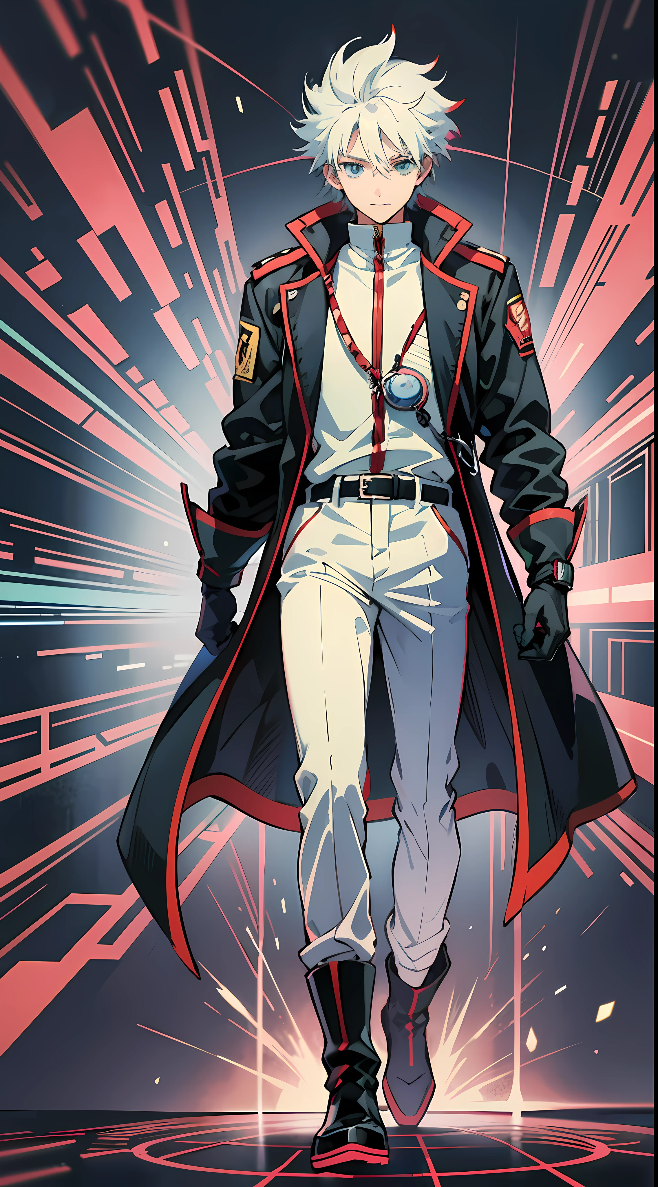 1 Male anime character, red hair, wearing high-tech black gloves, High-Tech, Heterochromia, Blue eyes, green eyes, handsome, sharp, psychopath smile, Senku Ishigami Hairstyle, wearing long white scientist coat, black high-tech suit inside, holding a mechanical high-tech crystal, high-tech background, red, black, circuit board, full body shot, black pants, dark High-tech boots, innocent looking, hologram background, JARVIS, anime 8k, HD, portrait, solo, bright crimson red, splash vfx, anime character with red hair and black gloves holding a cell phone, red haired, a red haired mad, red-haired, nagito komaeda, killua zoldyck black hair, badass anime 8 k, white haired deity, best anime 4k konachan wallpaper, killua zoldyck portrait, trigger anime artstyle --auto --s2