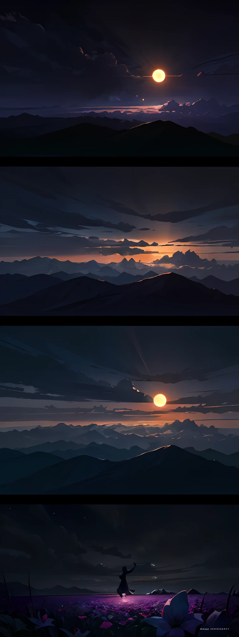 Expansive landscape photograph,(look from down,Sky and wilderness below),The little girl stood in the flower field and looked up,(solar eclipse:1.2),(meteors:0.9),(Starcloud:1.3),Far Mountain,Tree BREAK Production Art,(Warm light source:1.2),(glowworm:1.2),lamp lights,Purple and orange,Complicated details,Volumetriclighting,Realism rests(tmasterpiece:1.2)(best qualtiy), 4K,ultra-delicate,(Dynamic configuration:1.4),High level of detail and colorful details,(Irridescent color:1.2),(luminouslighting,Atmospheric lighting),dream magical,Magic,(独奏:1.2)