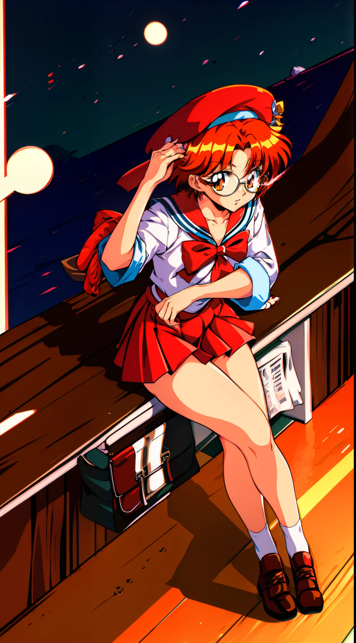 Big tits. Glasses. Orange eyes. Orange hair. Sailor uniform. Anime girls. Short hair. Sailor hat. Anime-style eyes. Setting picture. Perfect pupil. Solo. highest quality, full body,