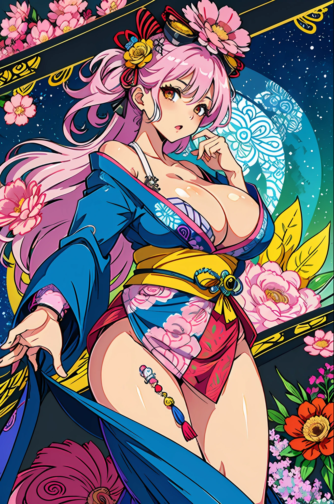 (Super detailed background,very highly detailed background)、Ridiculous and irrational、A high resolution、ultra-detailliert、Very detailed 1 girl,huge boob,Wearing a brightly colored Japanese kimono,Accompanied(Colorful)flower bouquet:1.3、(zentangle:1.2)、(geomerty:1.2),Show charm and confidence,