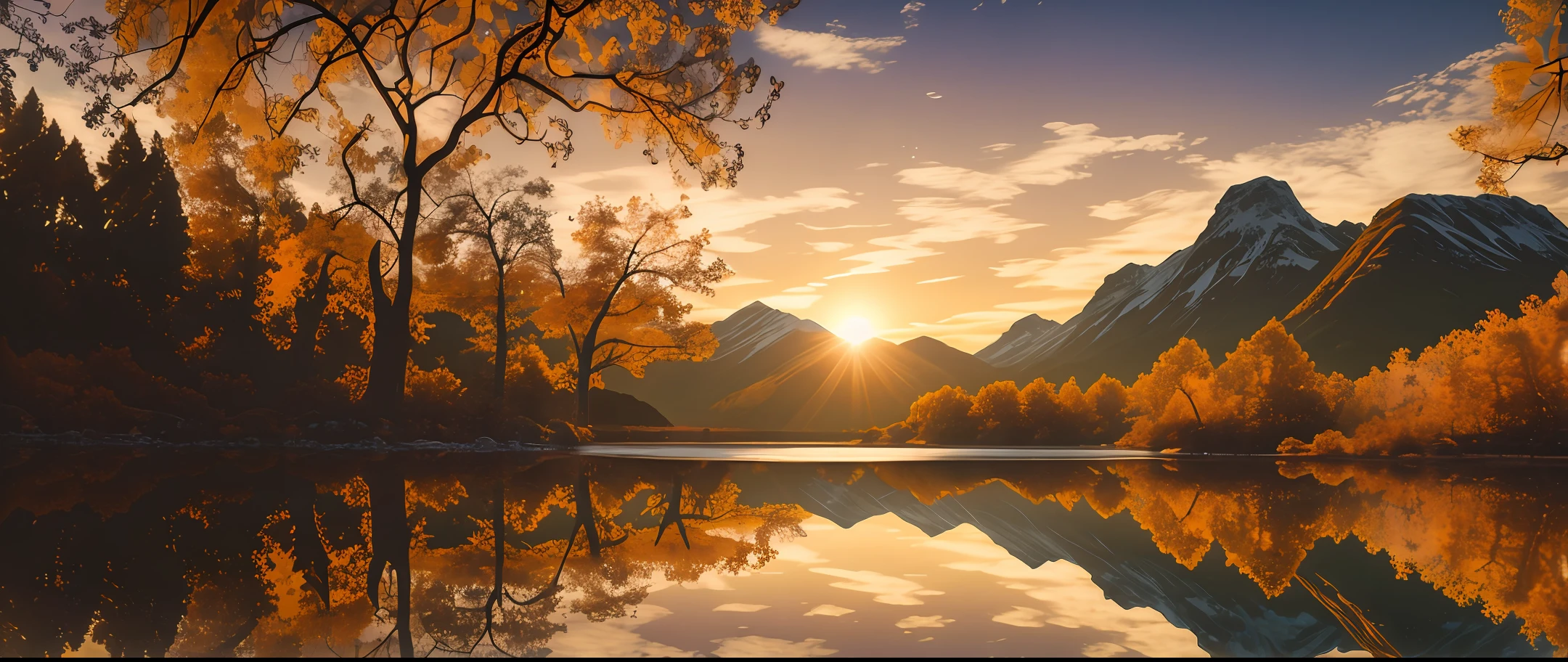 there is a beautiful sunset with a lake and trees in the background, colorful skies, surreal colors, colorful sunset, colorful sky, marvellous reflection of the sky, stunning sky, dream like atmosphere 8k, colorful clouds, colors reflecting on lake, surreal sky, red and blue reflections, fire reflection, beautiful sky, beautiful and spectacular dusk, beautiful dreamy landscape, amazing sky