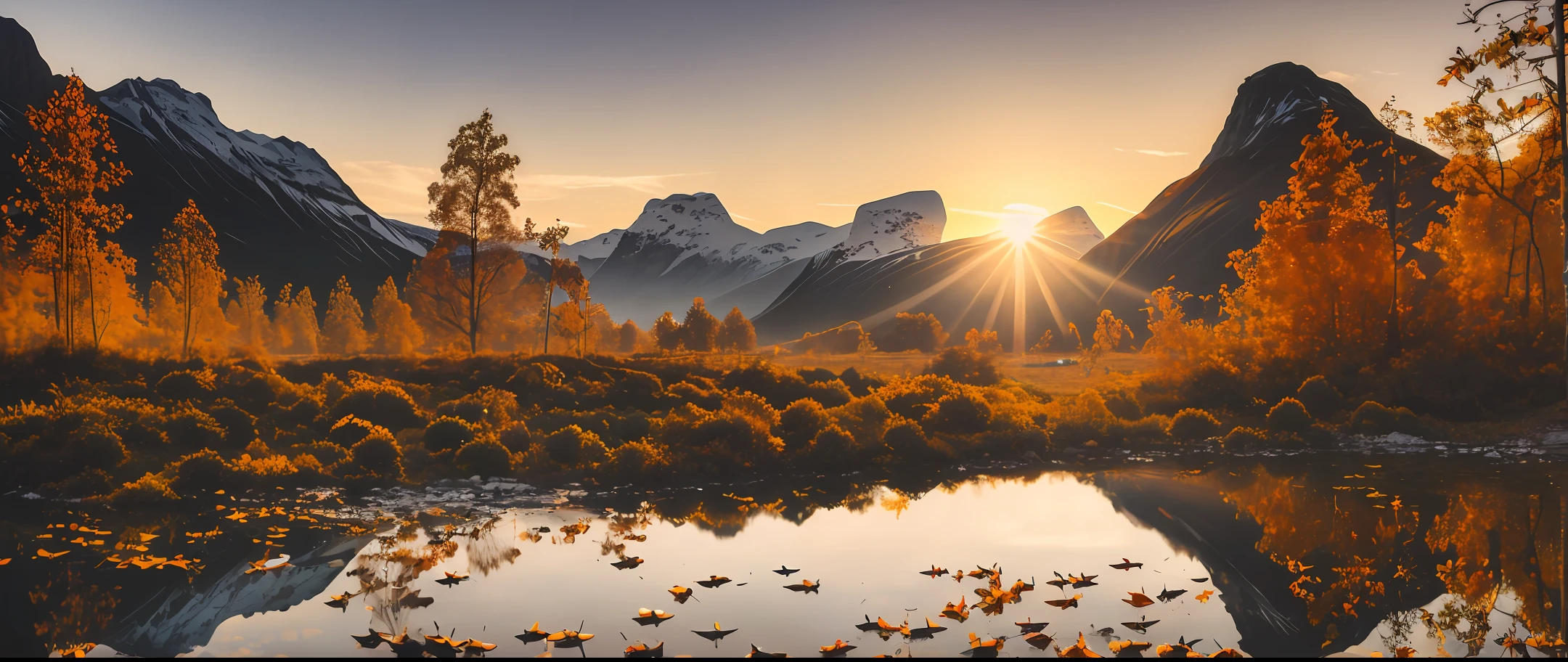 The sunset and the lone duck fly together, and the autumn water is the same color as the sky