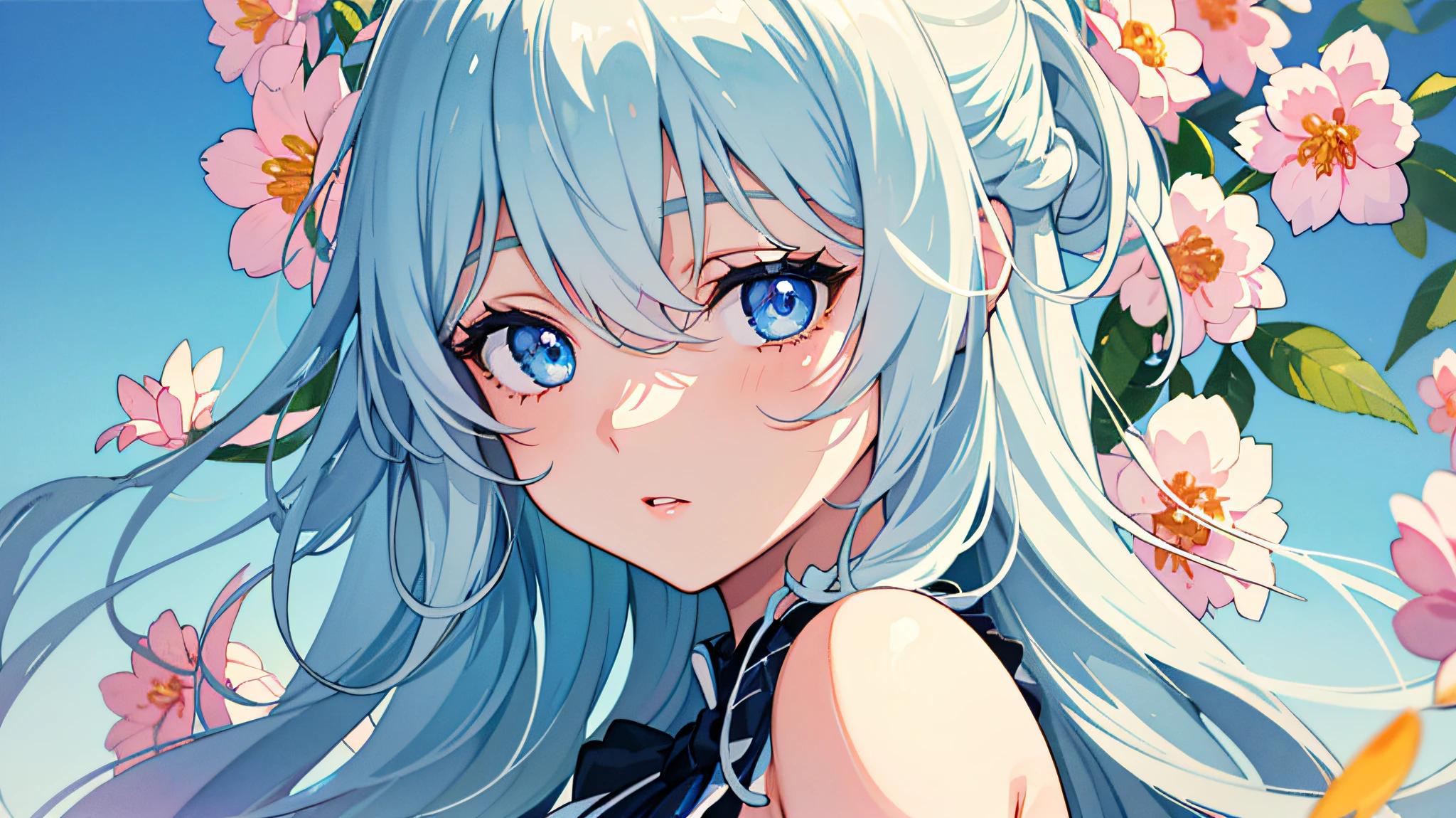 A close-up of a cartoon character holding a flag and a pole, lux from league of legends, knights of zodiac girl, Portrait Chevaliers du Zodiaque Fille, inspired by Li Chevalier, star guardian inspired, drawn in anime painter studio, seraphine ahri kda, blue colors、White and gold, aqua from konosuba, made with anime painter studio