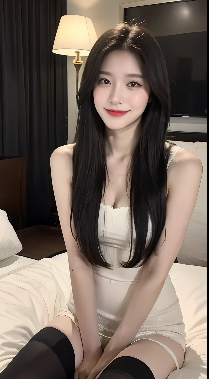 (1 Korean star with royal sister style), ((Best quality, 8K, 巨作: 1.3)), focal point: 1.2, Perfect body proportions: 1.4, (Make a smile), (Ray traching),Watery eyes, Highly Detailed Face and Skin Textur, Fine eyes, Double eyelids, Whitens the skin, (The long-haired, Air bangs: 1.3), (face round: 1.5), (ta prostitute: 1.4), (duck sitting,sit on a bed: 1.6),(black lence stockings: 1.4),(film grain style:1.3),a sense of atmosphere
