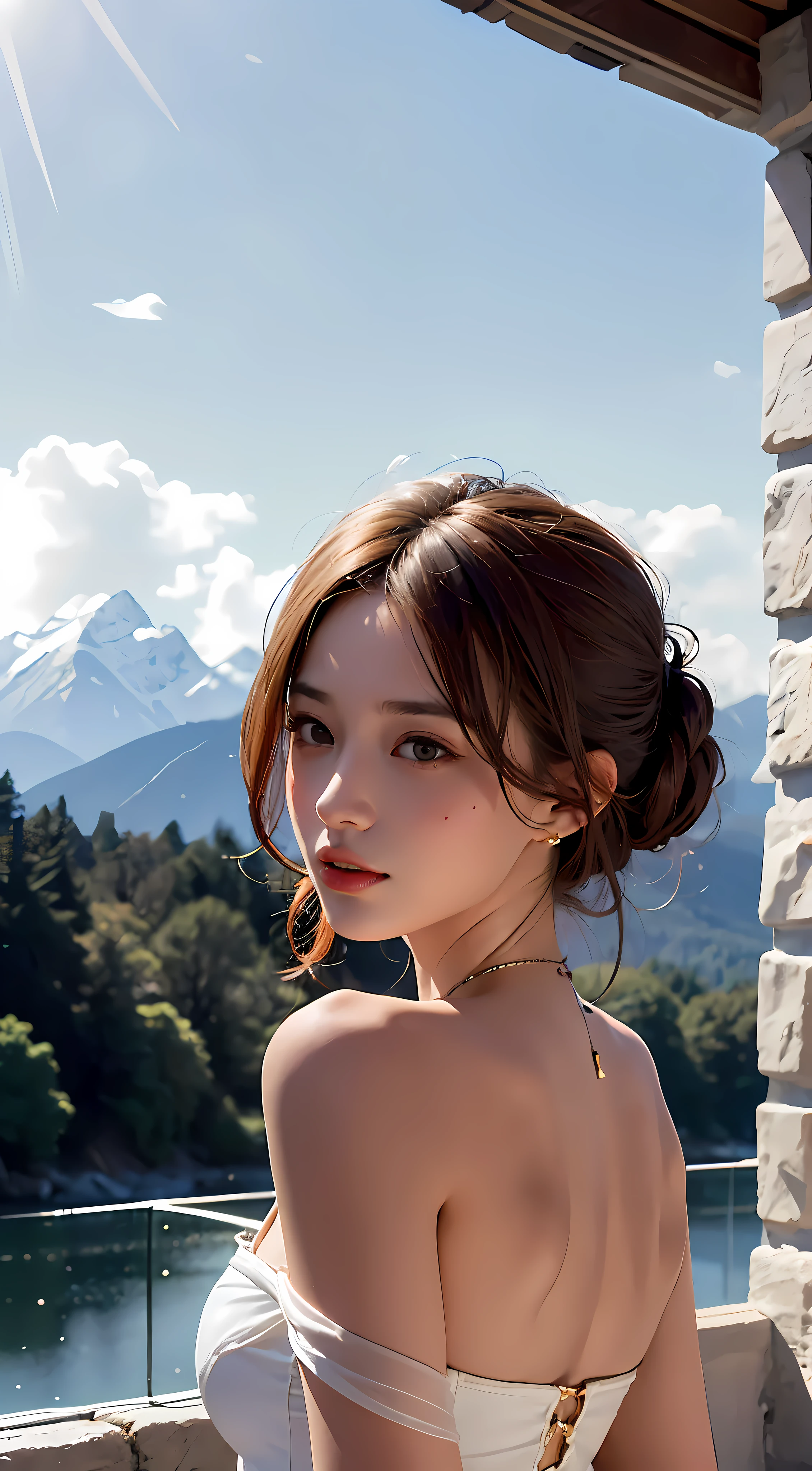best qualtiy,tmasterpiece,超高分辨率,Realism 2.0,RAW photogr,1girll,deep shading,low tune,cold light,Beautiful scenery in the background,cropped shoulders,Tassel earrings,The figure is in the middle