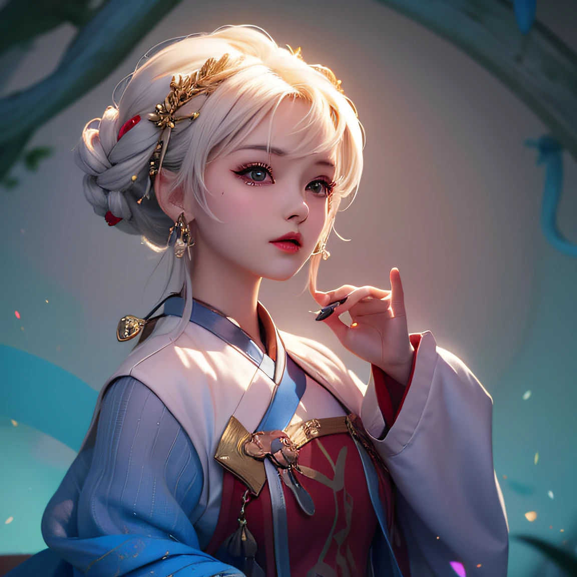 Anime - style illustration of a woman with white hair and a blue dress, Guviz-style artwork, Ross Tran 8 K, Ross Tran style, In the style of Ross Tran, Beautiful character painting, rossdraws portrait, author：ross tran, inspired by Ross Tran, stunning digital illustration, Guweiz on ArtStation Pixiv, Rossdraws digital painting with black hair and red clothes