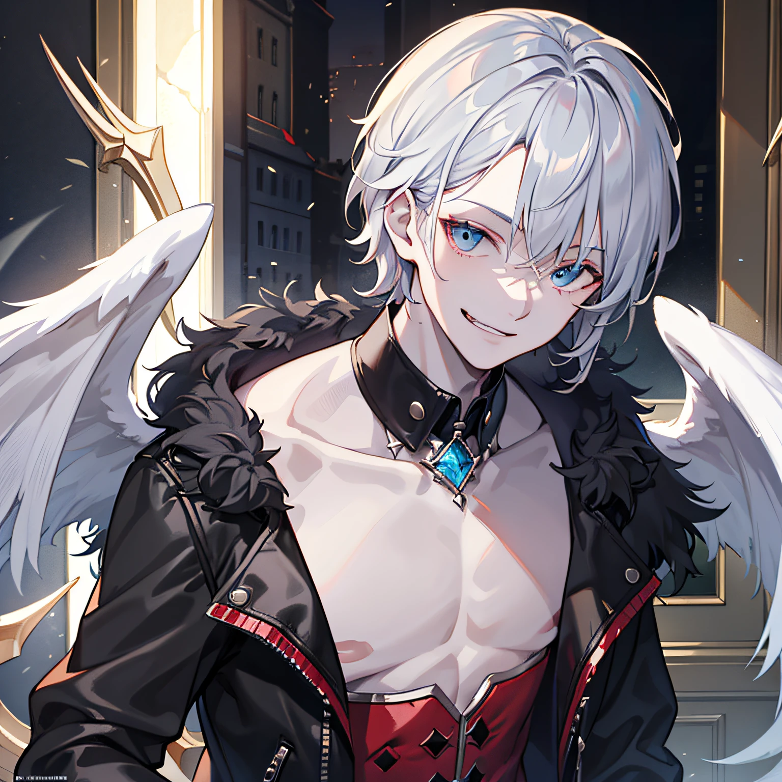(in 8K、top-quality、masterpiece:1.2)、1 Handsome Man、Silvery hair、short-haired、Diabolical、Scary smile、banya、Black wings、a cool、(extremely detailed cg unity 4k wallpaper), (ciinematic light)、chies、loimu、