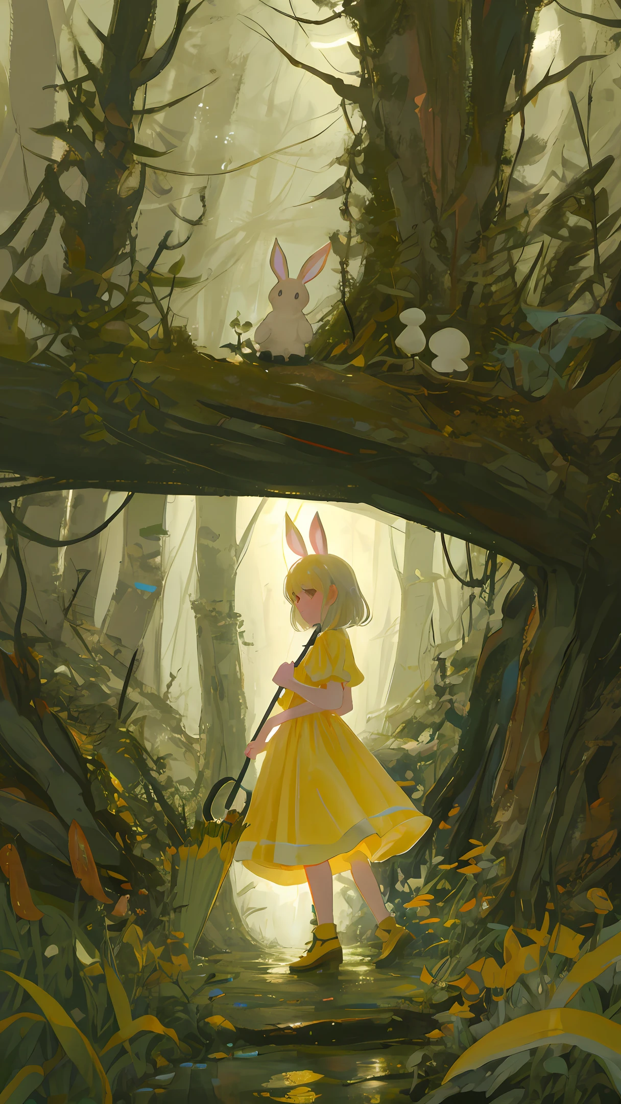 In the forest,Glowing mushrooms, holding an umbrella,Small yellow dress,rainy days,squatt,bunny