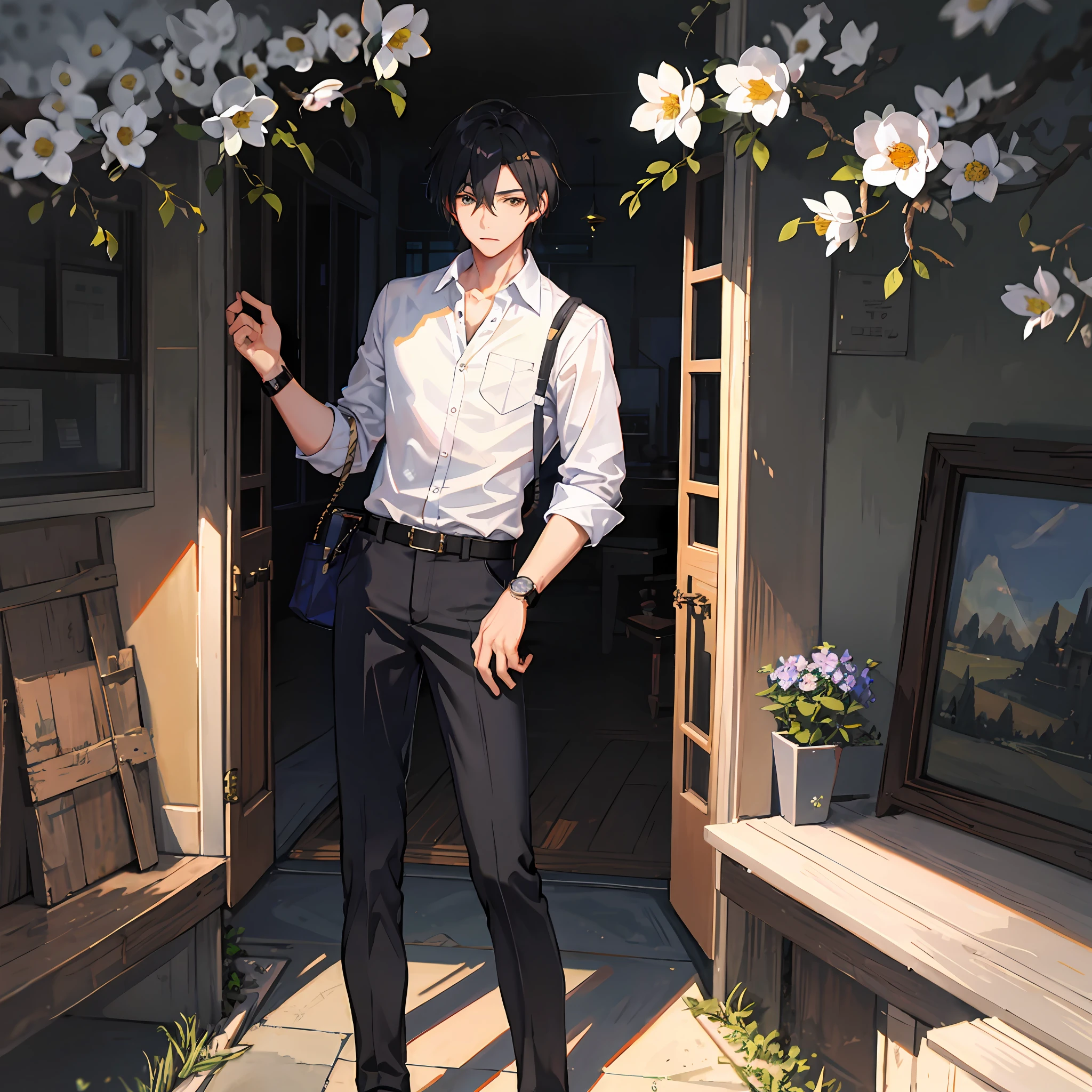 1boy ,There is only one person in the picture,One guy,individually,Magnolia flowers,By bangs,blossoms,Black hair,white shirt,黑The eye,Hair between both eyes,rays of sunshine,leafs,male people,no garnish,Khaki pants,The shirt,独奏,Wrist watch,Khaki pants,Wrist watch,Messy hair, Trends on ArtStation, 8K分辨率, The is very detailed, anatomically correcte, Sharp images, digitial painting, concept-art, Popular trends on pixiv, Makoto Shinkai's style,