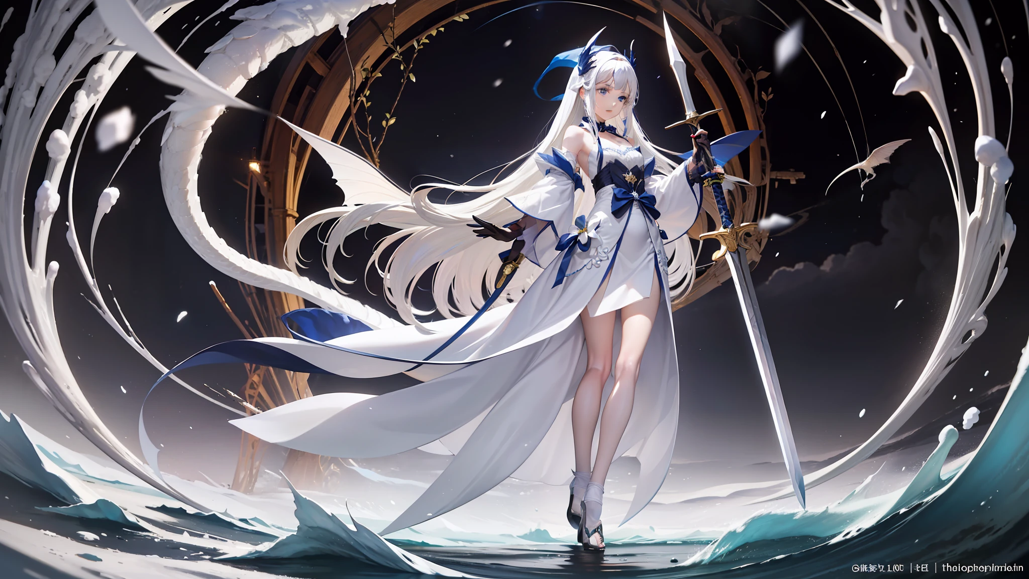 A snow-white dragon girl,White wings,A small number of white scales,White stockings,holy sword,Klein blue eyes,long white hair,head bowed slightly,Iceberg beauty,best quality,A detailed,High- sharpness(1.0)