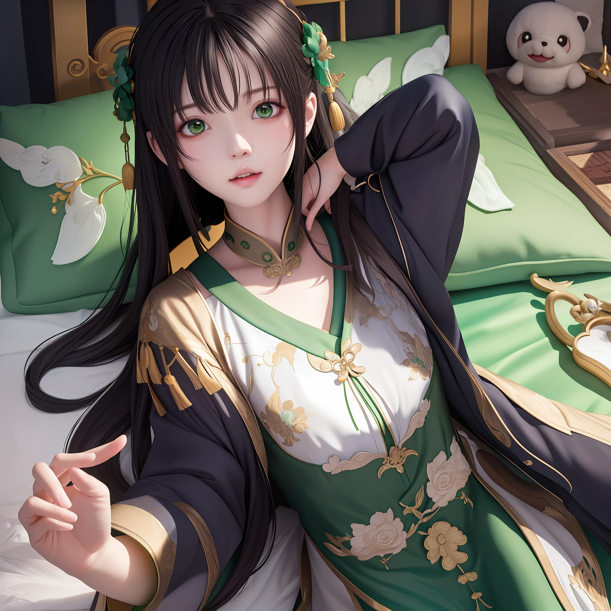 Trends on CGSTATION，In quirky Wiezian artwork，An anime girl lying in bed，Green pillows and green sheets complement each other，In the style of WLOP，The authors are Fan Qi and Yu Zheding，Pixiffe style art station presented，Depict an artistic scene。