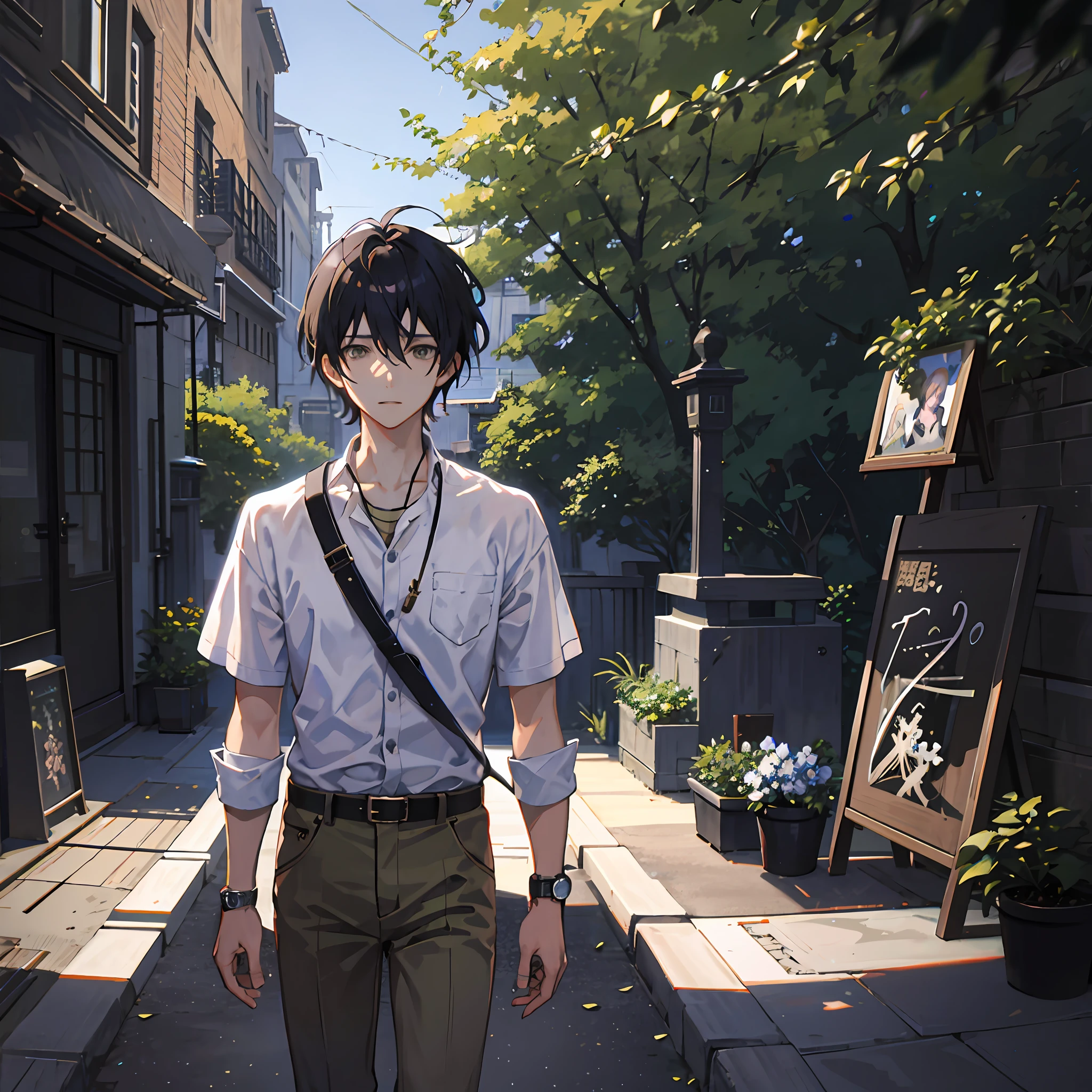 1boy ,There is only one person in the picture,One guy,individually,Magnolia flowers,By bangs,blossoms,Black hair,white shirt,黑The eye,Hair between both eyes,rays of sunshine,leafs,male people,no garnish,Khaki pants,The shirt,独奏,Wrist watch,Khaki pants,Wrist watch,Messy hair, Trends on ArtStation, 8K分辨率, The is very detailed, anatomically correcte, Sharp images, digitial painting, concept-art, Popular trends on pixiv, Makoto Shinkai's style,