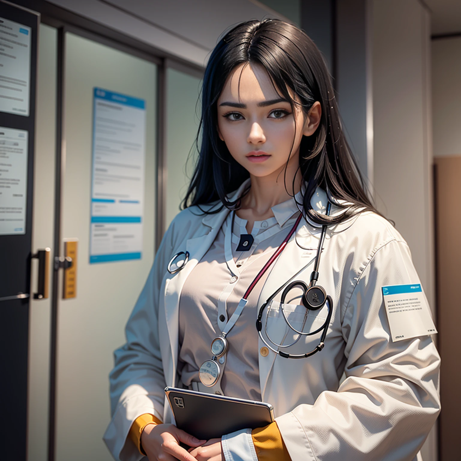 Chinese woman in white doctor's coat holding clipboard, Ultra-detailed facial depiction,The face is dignified and generous,Natural complexion,Black color hair,true to life --auto