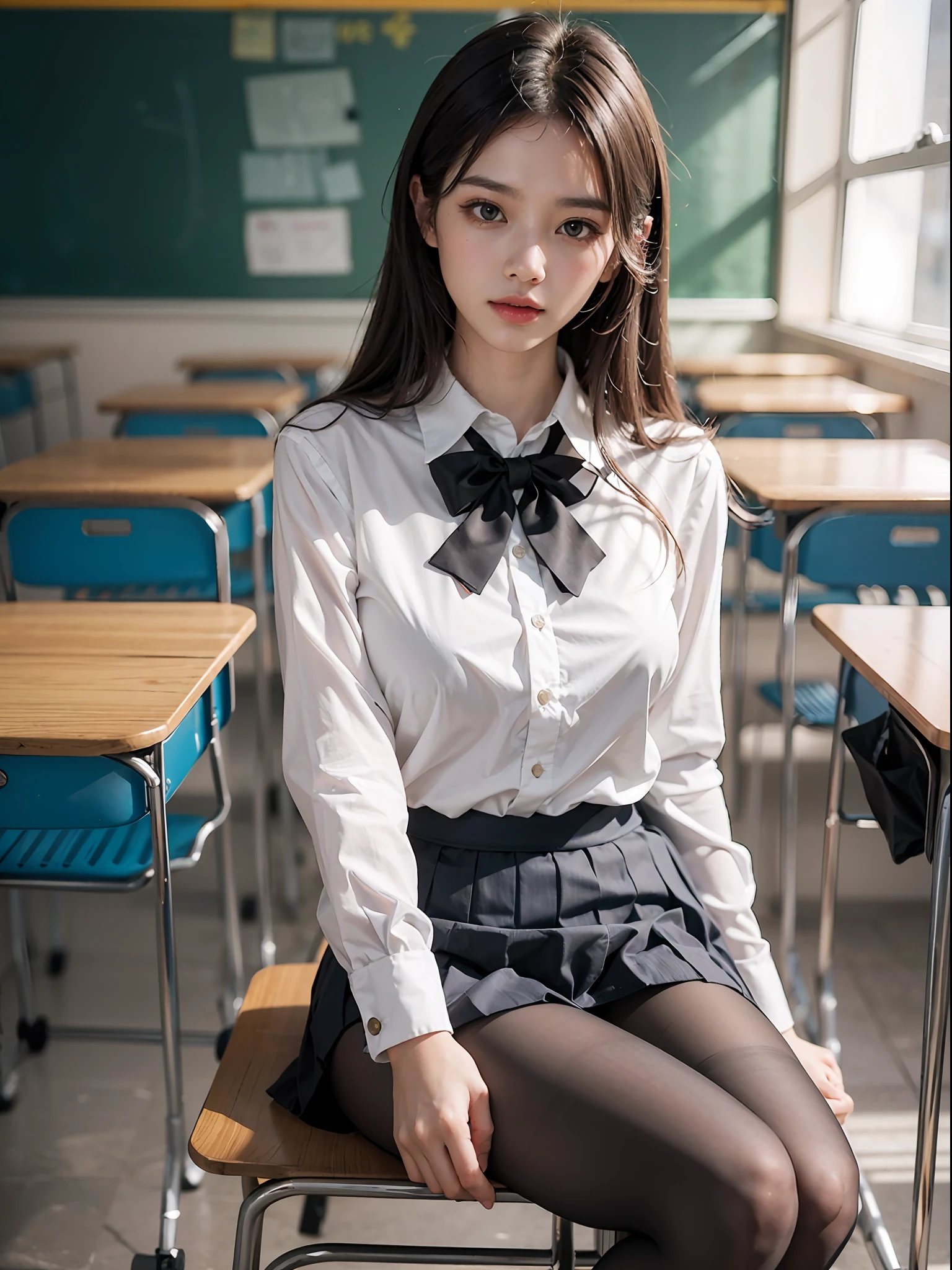 Masterpiece, Best Quality, Ultra Detailed, Illustration, Colorful, FAQ Color, Depth of Field, Lens Glow, 1girl, Hong Kong Beauty, Royal Sister Style, Sexy Style, Seated, Brunette Hair, Looking at the Audience, School, Classroom, Pleated Miniskirt, School Uniform, Serafuku, Black Pantyhose, Delicate Skin Texture, Fine Fabric Texture, Beautiful and Meticulous Face,
