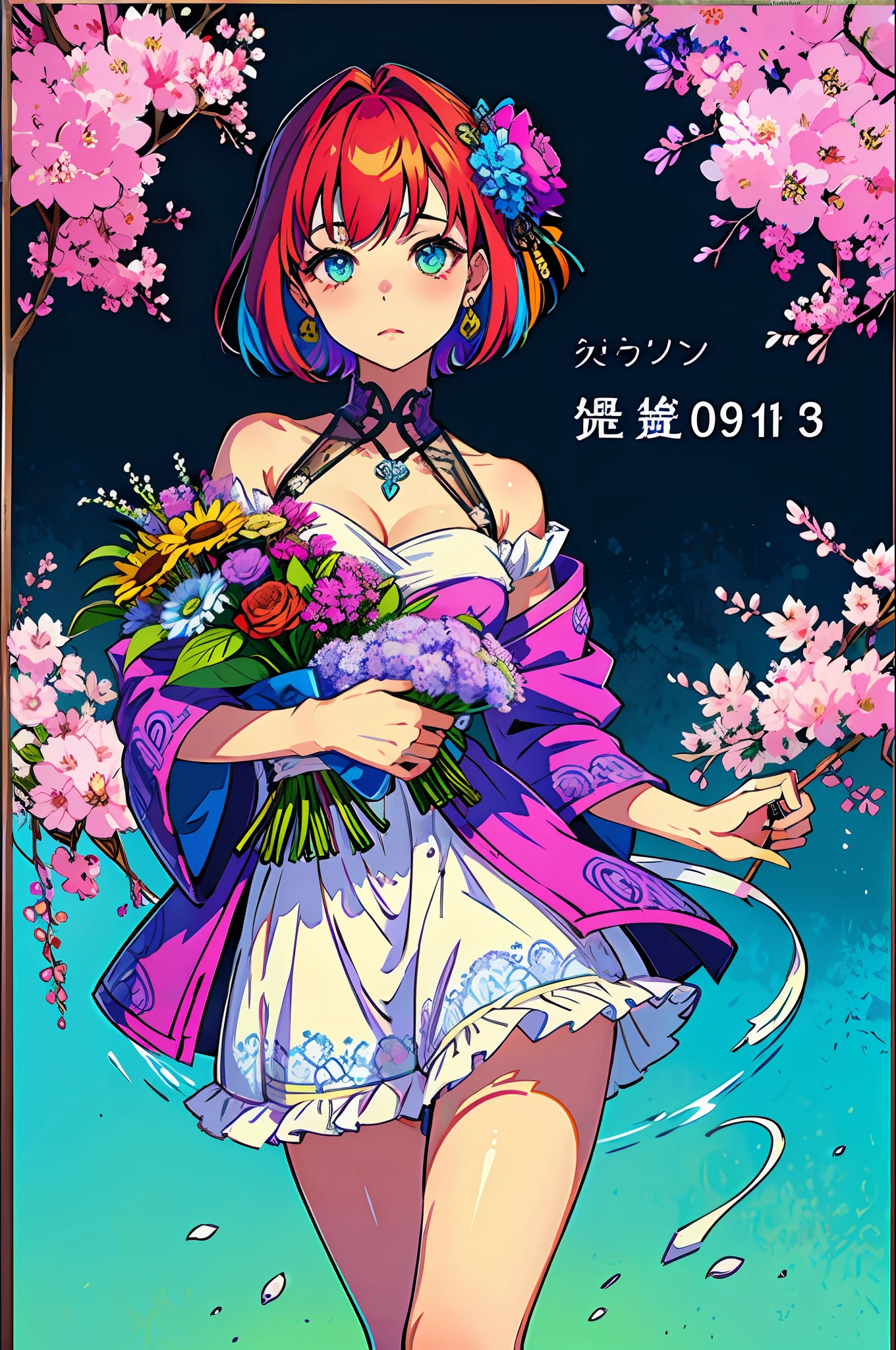 (Super detailed background,very highly detailed background)、absurd and unreasonable、A high resolution、ultra-detailliert、Extremely detailed 1 girl,Accompanied(Colorful)flower bouquet:1.3、(zentangle:1.2)、(geomerty:1.2),Show pride and shyness,
