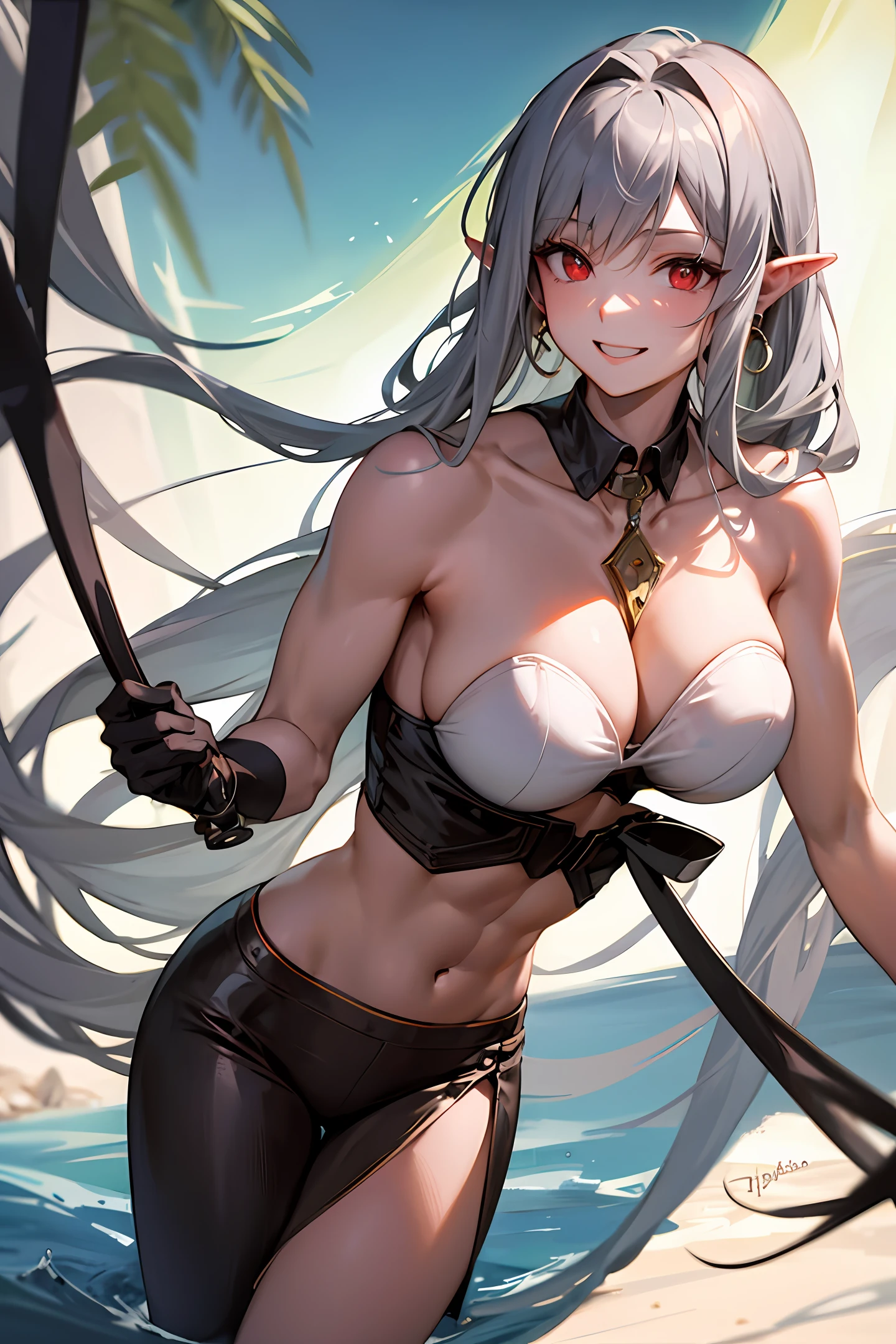 (fidelity: 1.4), amazing, masterpiece, ((female, big boobs)), slim, muscular, sharp ears, light gray skin, long curly gray hair, red eyes, smile, minder, do not disturb, Recite the Pipa