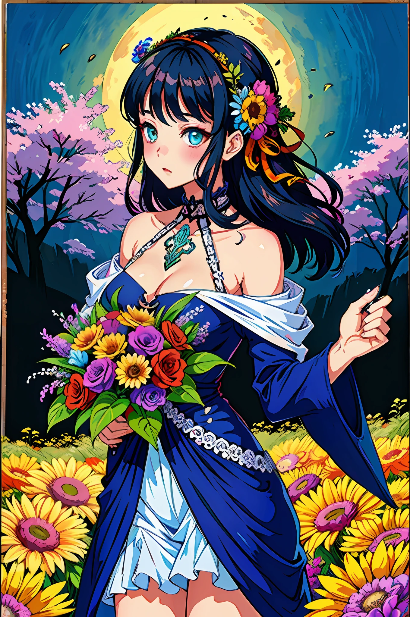 （Super detailed background，very highly detailed background)、absurd and unreasonable、A high resolution、ultra-detailliert、Extremely detailed 1 girl，Accompanied（Colorful）flower bouquet:1.3、(zentangle:1.2)、(geomerty:1.2)，Show pride and shyness，
